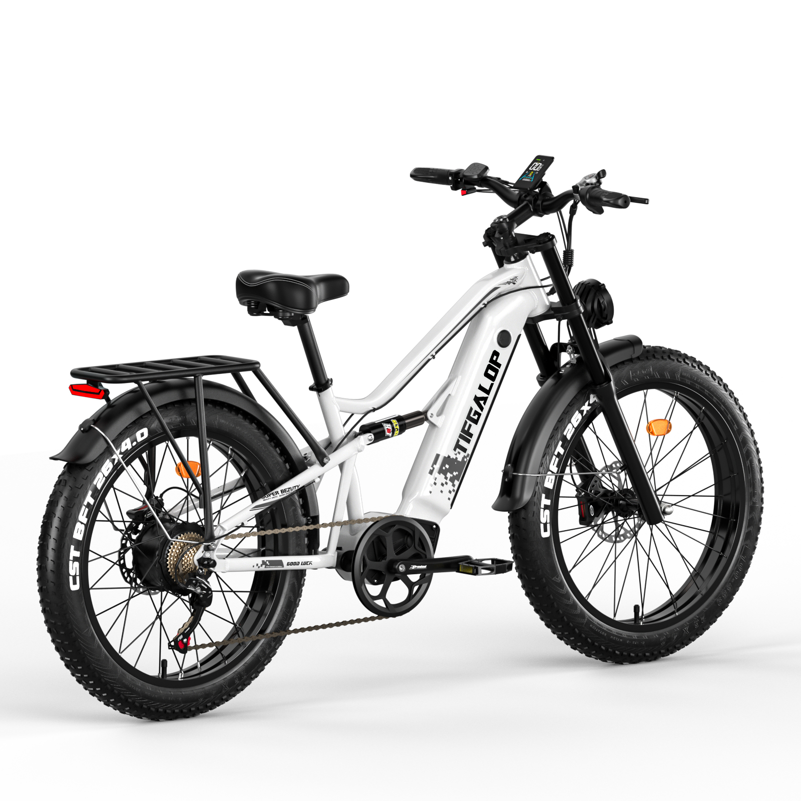 Biały rower elektryczny. Ma duże opony, światło i bagażnik. Widoczna jest nazwa marki TIFGALOP.