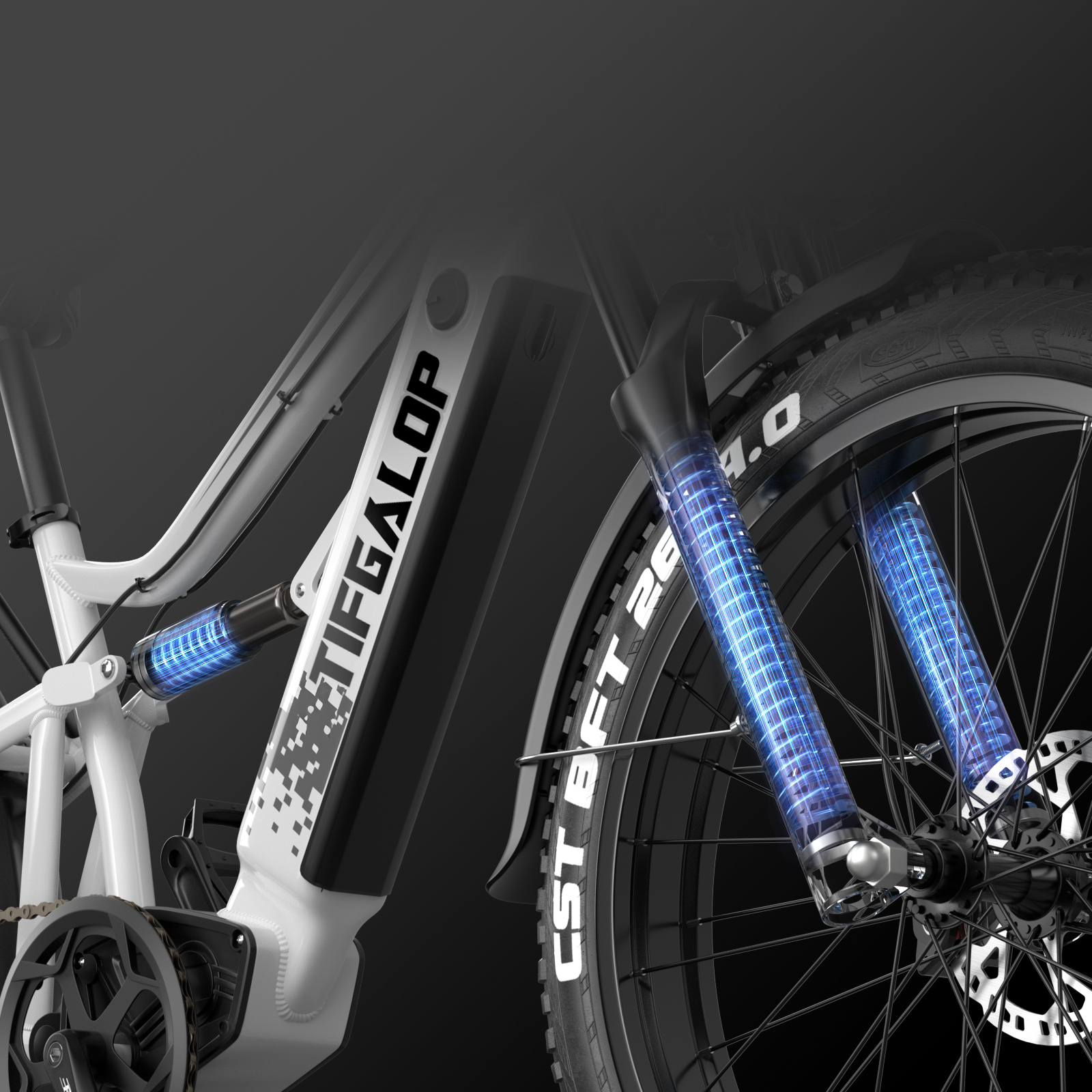 Biało-czarny rower elektryczny z niebieskim zawieszeniem i oponami CST.