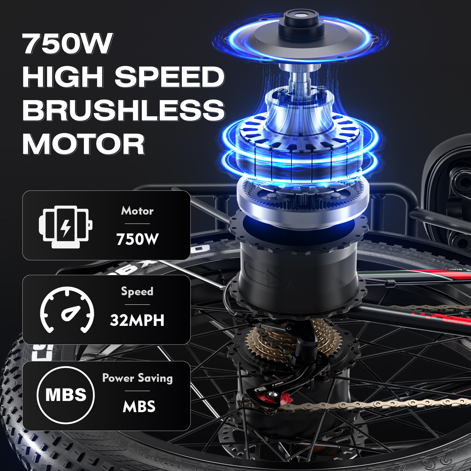 Szybki silnik bezszczotkowy z tekstem i kołem roweru.