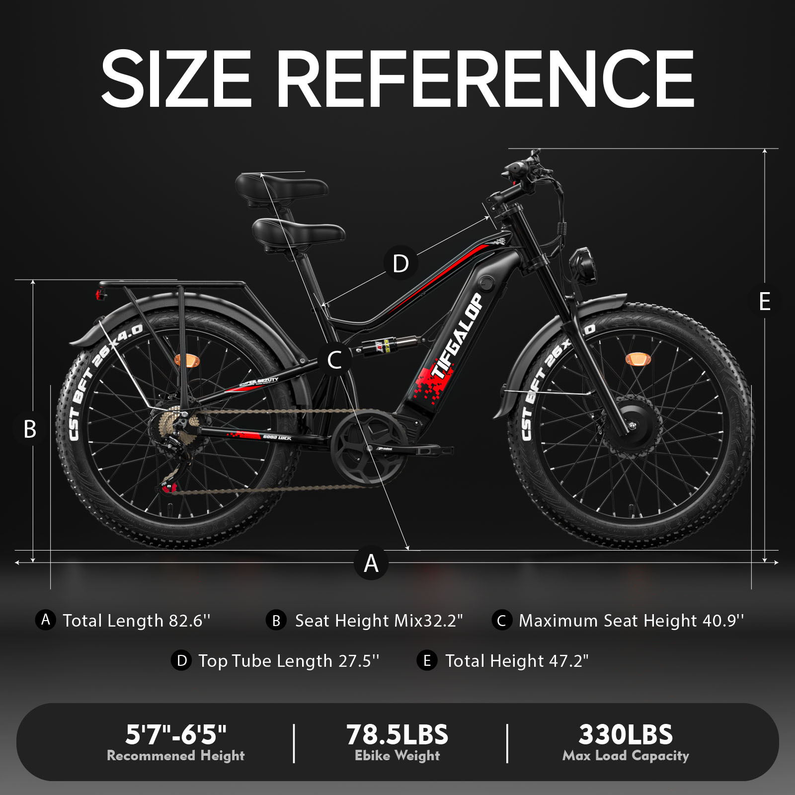Czarny rower elektryczny z tekstem odniesienia do rozmiaru. To ebike Tifgalop z wymiarami.