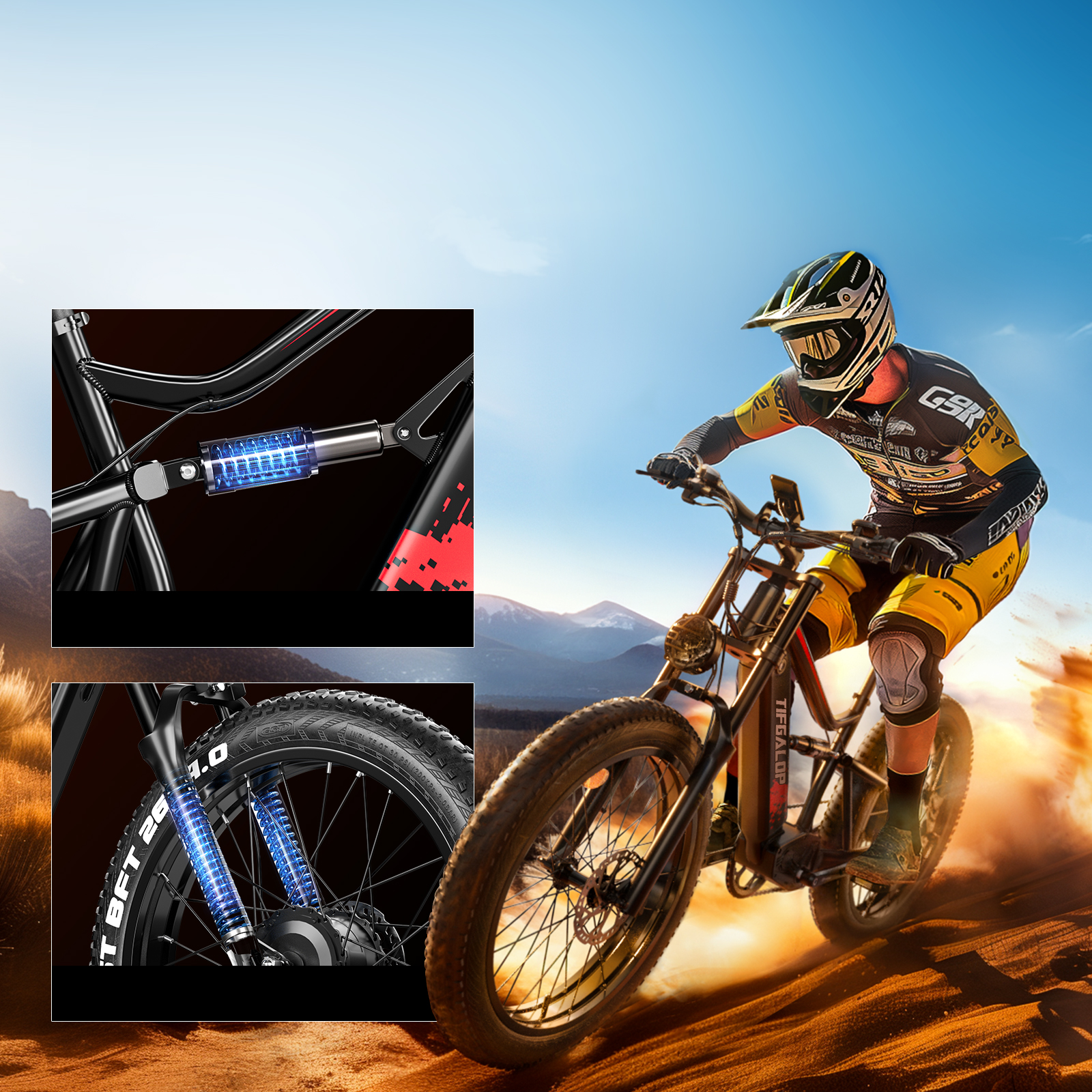 Kolarz górski na piaszczystym torze, ze zbliżeniami na części roweru.