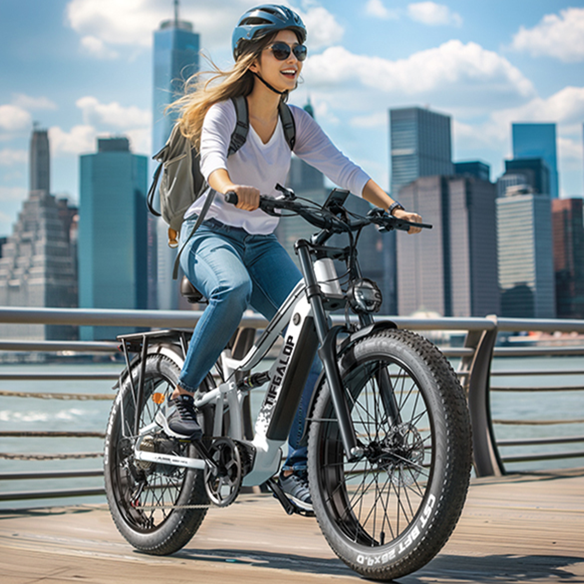 Kobieta jedzie na rowerze elektrycznym z panoramą miasta i wodą. Rower jest czarno-biały.