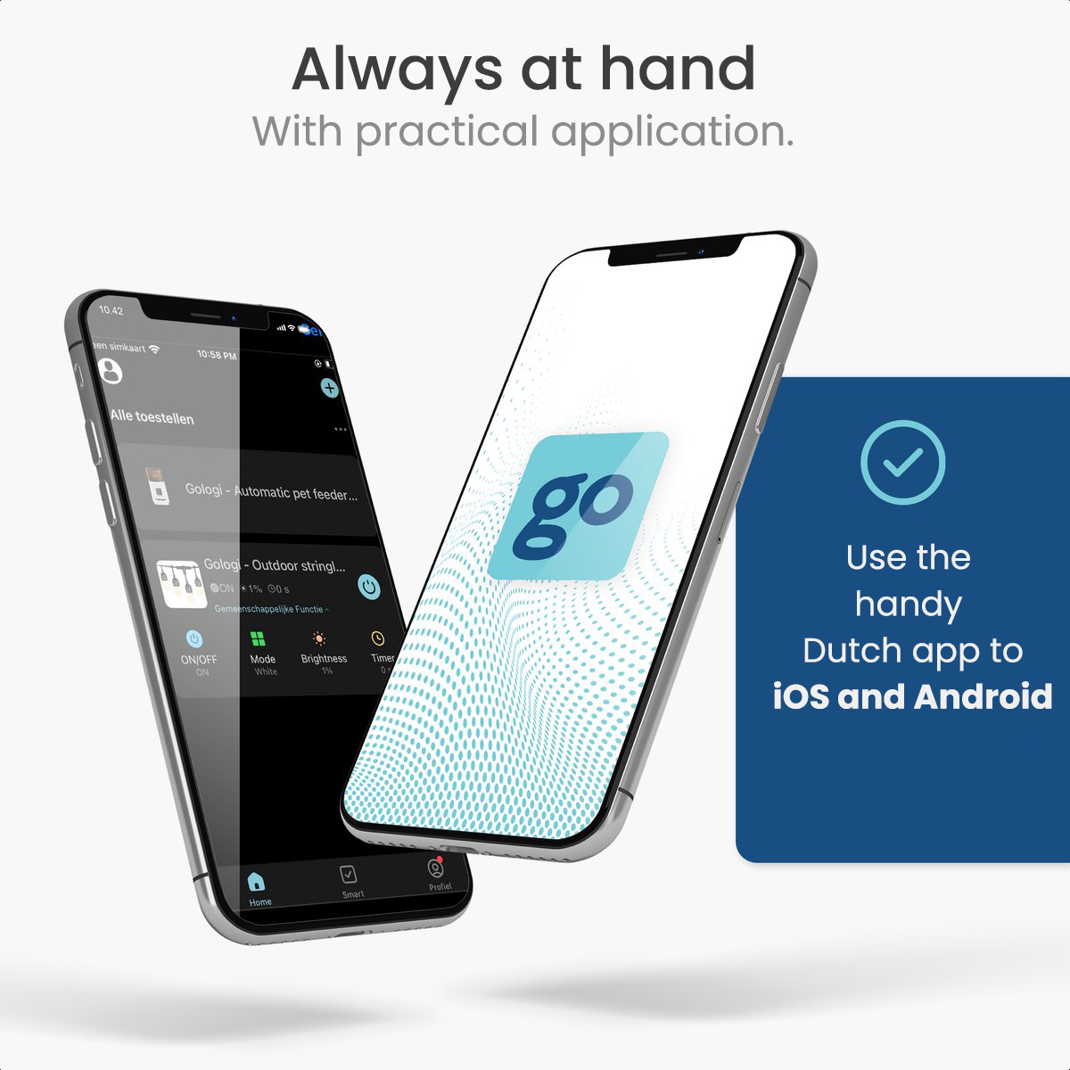 Two smartphones with a Dutch app interface, showing a pet feeder control and a go logo.