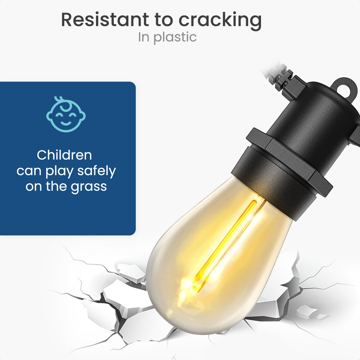 String lights with a crack-resistant bulb, and a child icon, on white.