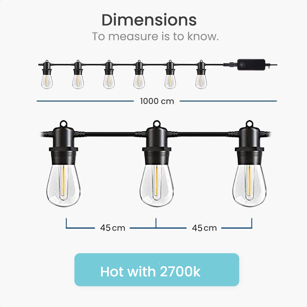 String lights with dimensions. 1000 cm long, 45 cm spacing, and labeled 'Hot with 2700k'.