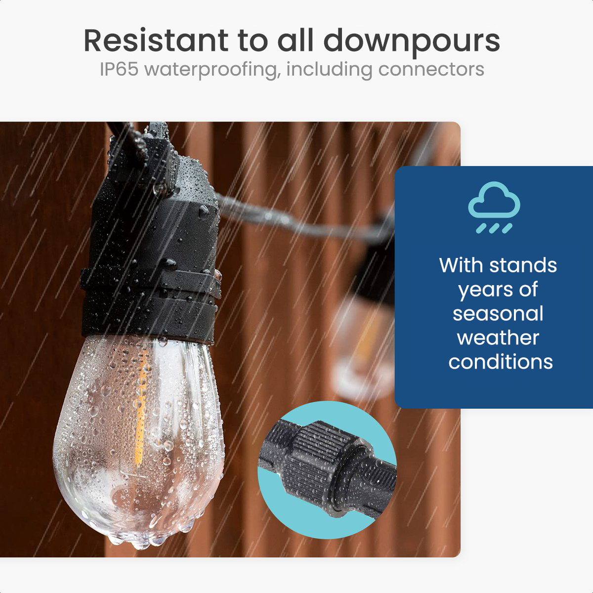 Close-up of an outdoor light with raindrops on it, a connector is also shown with a blue info box.