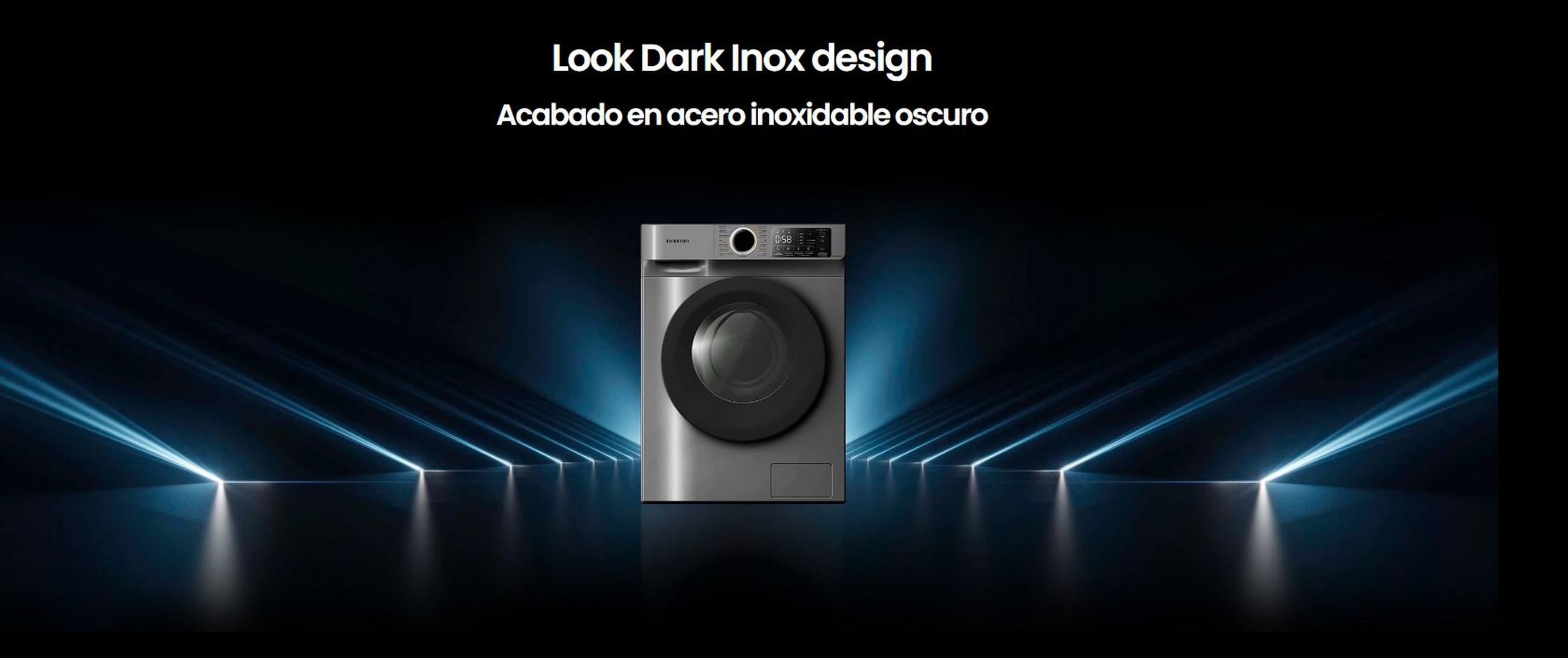 Lavadora diseño Dark Inox en una habitación oscura con efectos de luz azul.