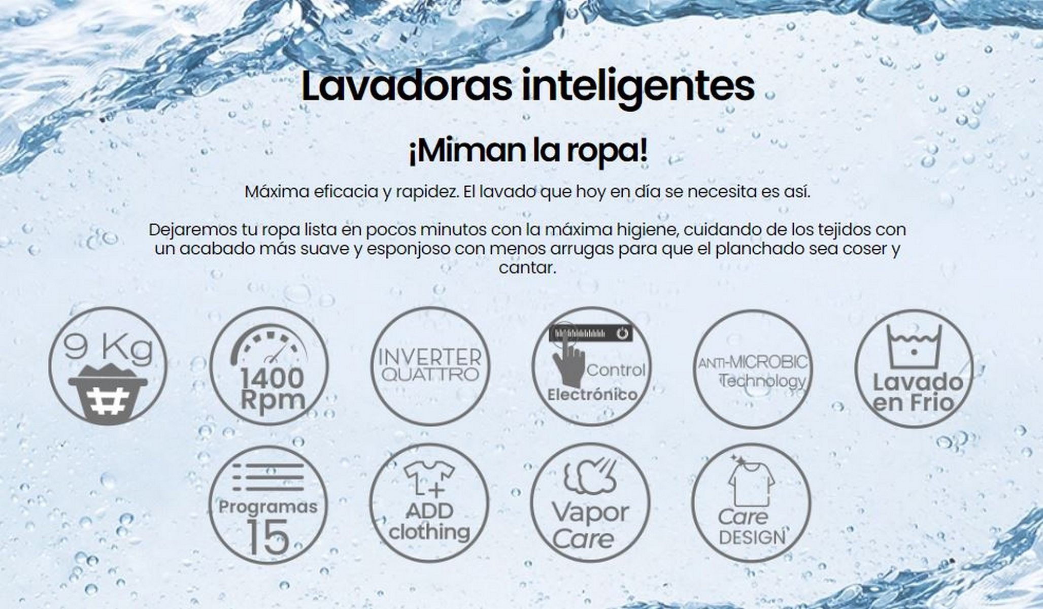 Anuncio de lavadora con iconos y texto sobre un fondo de salpicaduras de agua.