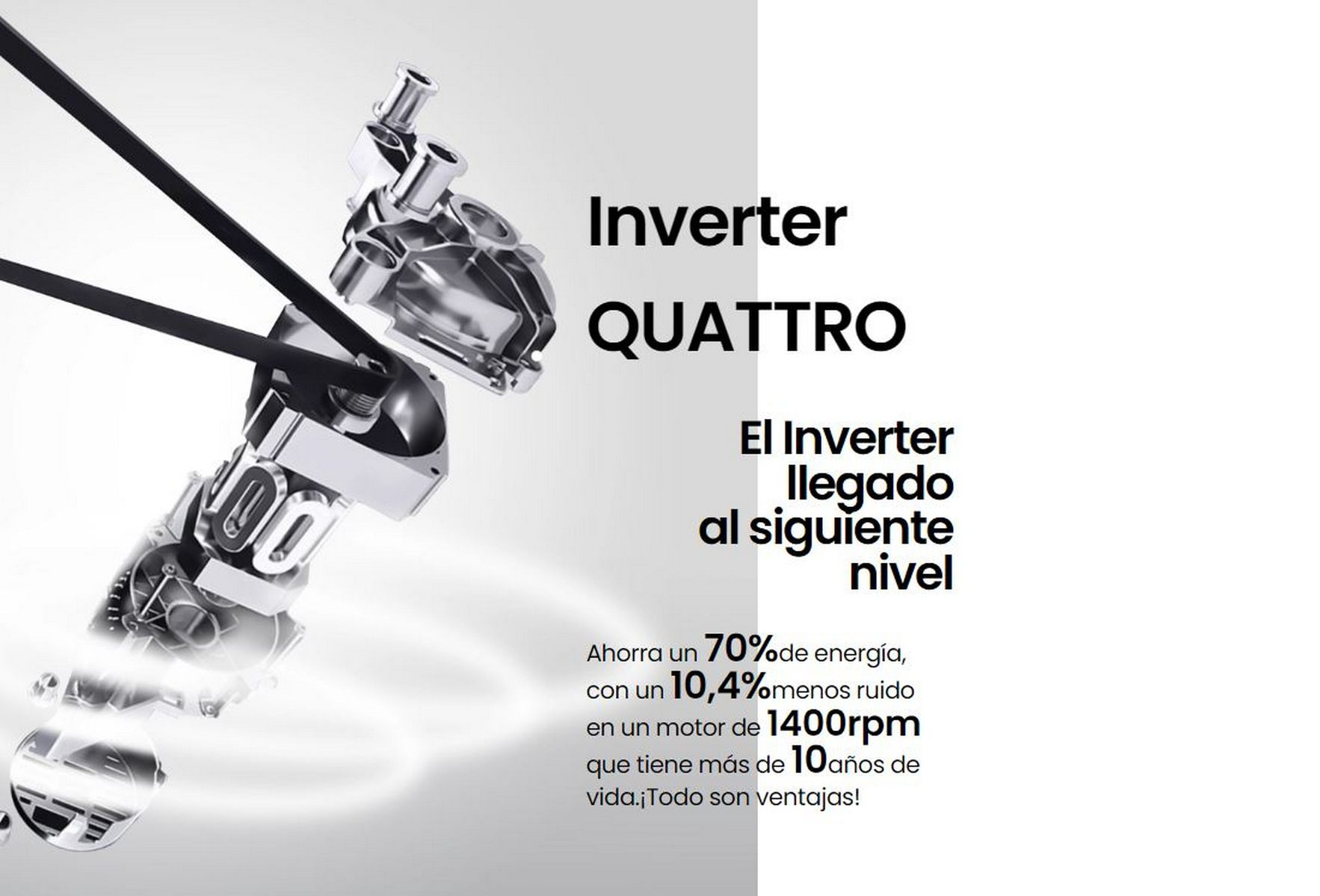 Piezas mecánicas con texto: Inverter QUATTRO. Texto sobre ahorro energético y rendimiento del motor.