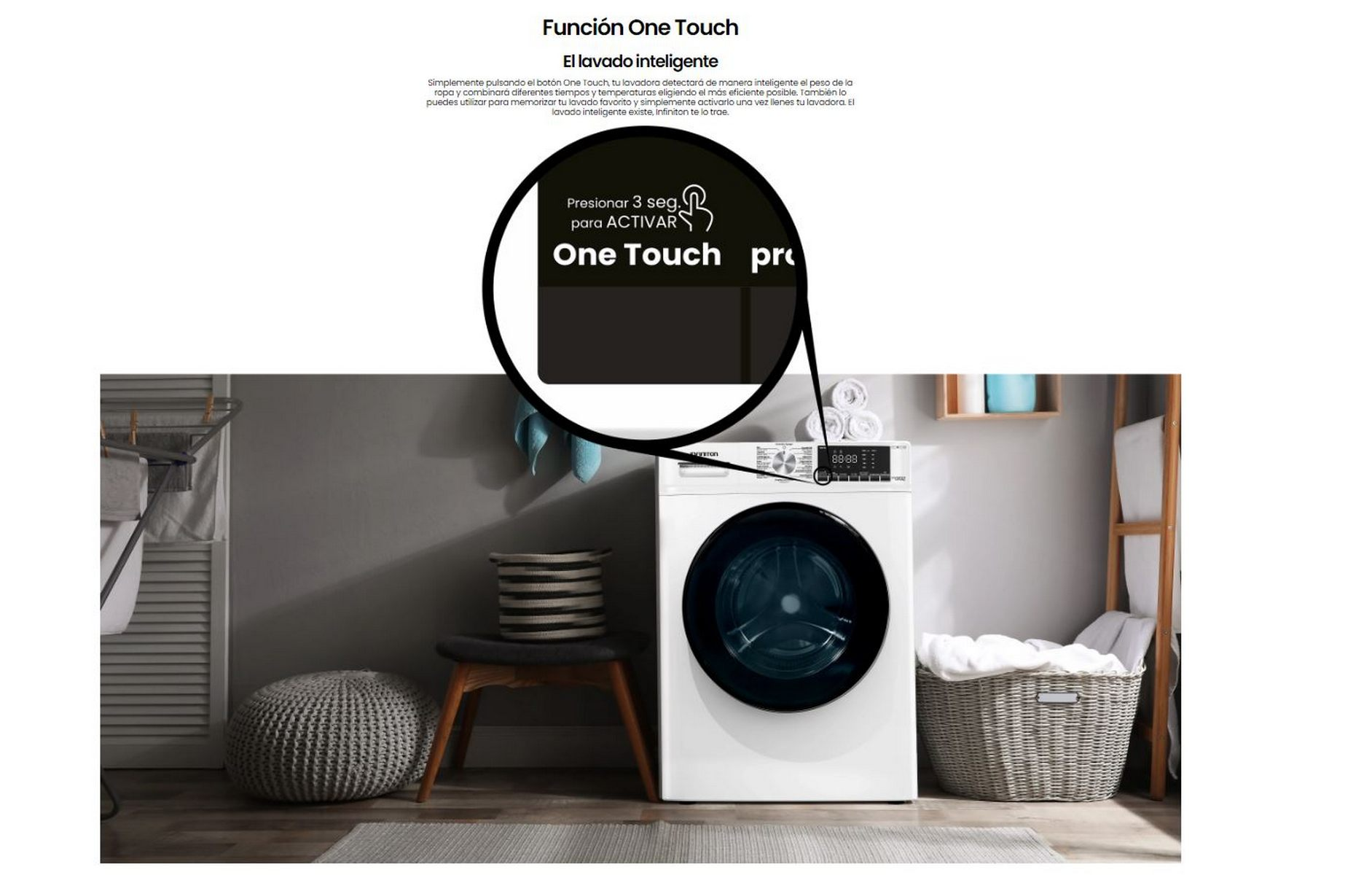 Una lavadora con superposición de texto, que muestra la instrucción de activación One Touch.