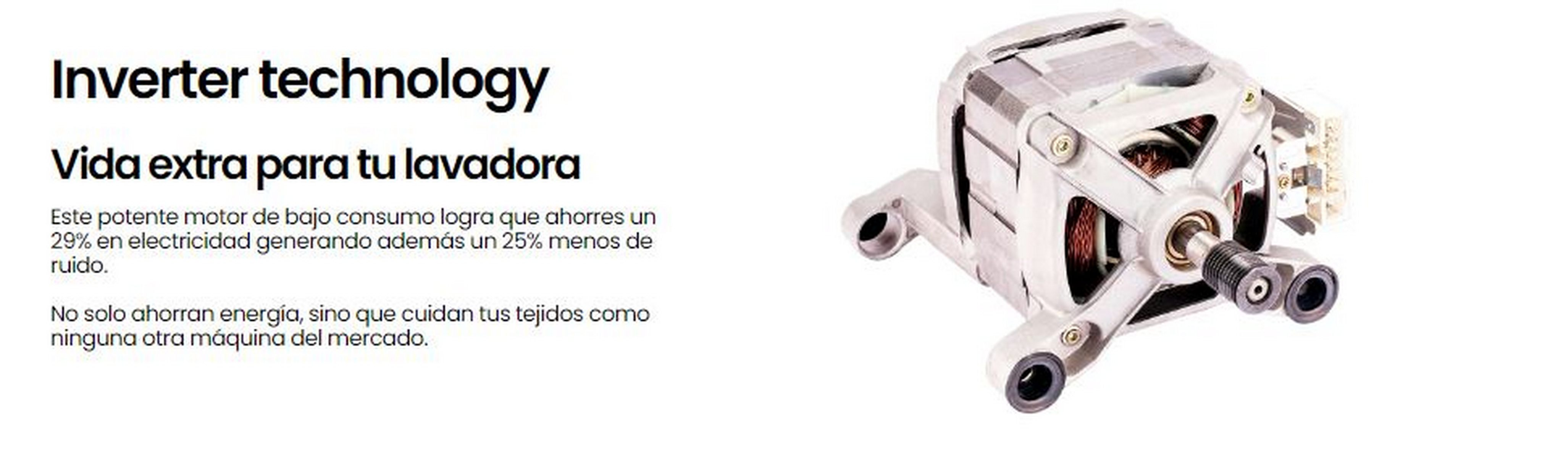 Motor de lavadora. Texto: Tecnología Inverter. Vida extra para tu lavadora.