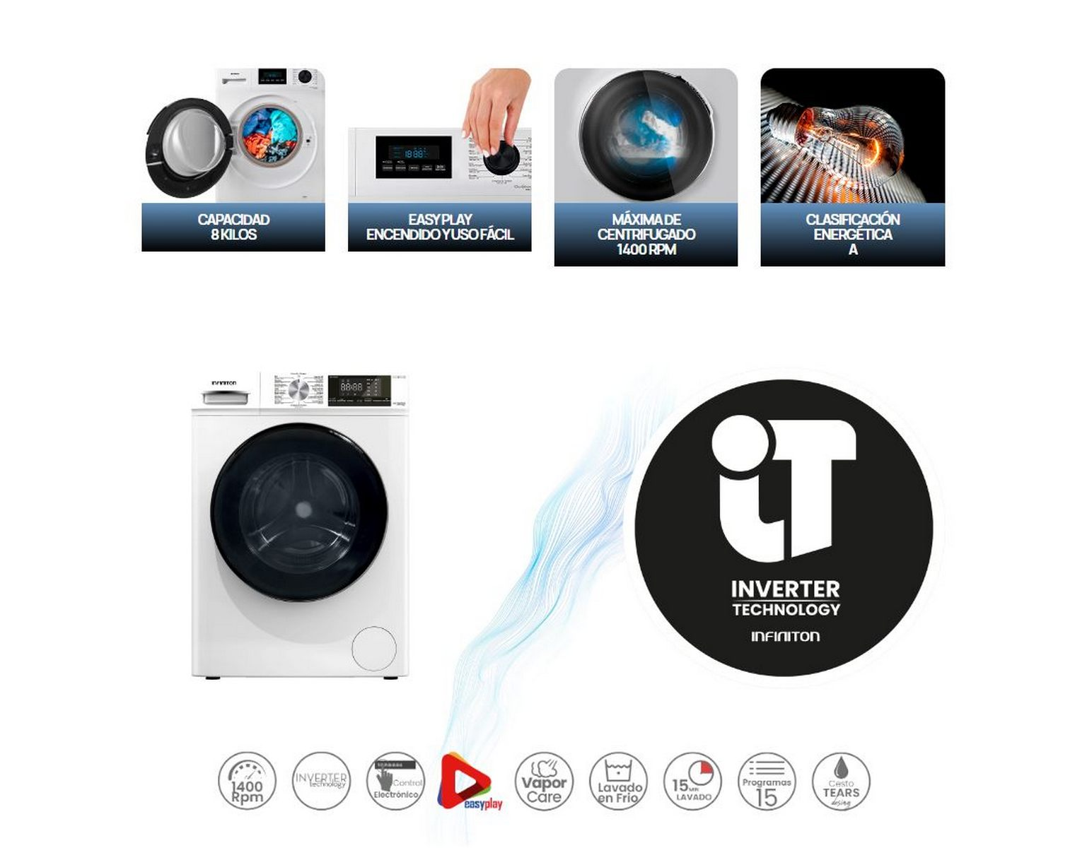 Lavadora con información sobre capacidad, Easy Play y velocidad máxima. Cuenta con tecnología Inverter.