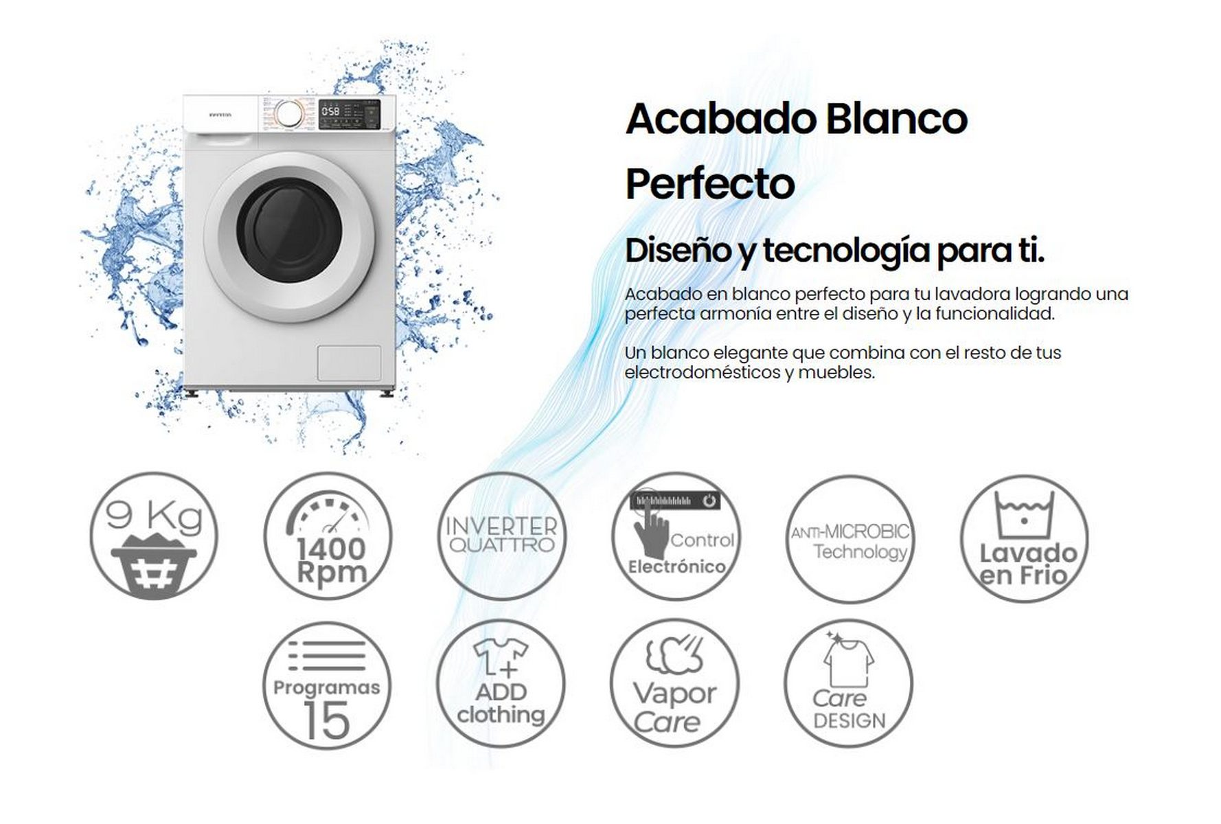 Una lavadora blanca con iconos y texto.
