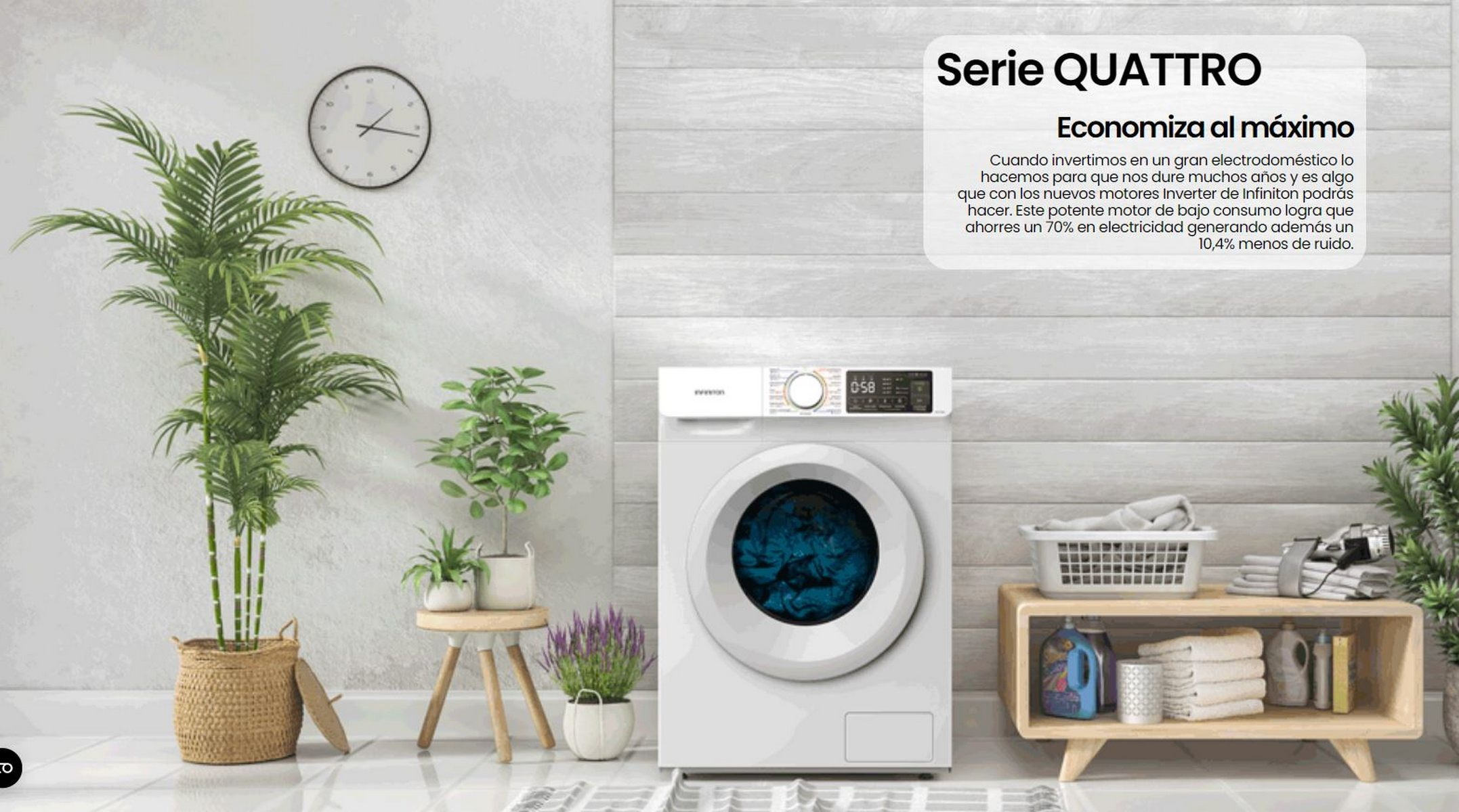 Una lavadora blanca está en una habitación con plantas y un reloj en la pared. Texto a la derecha.