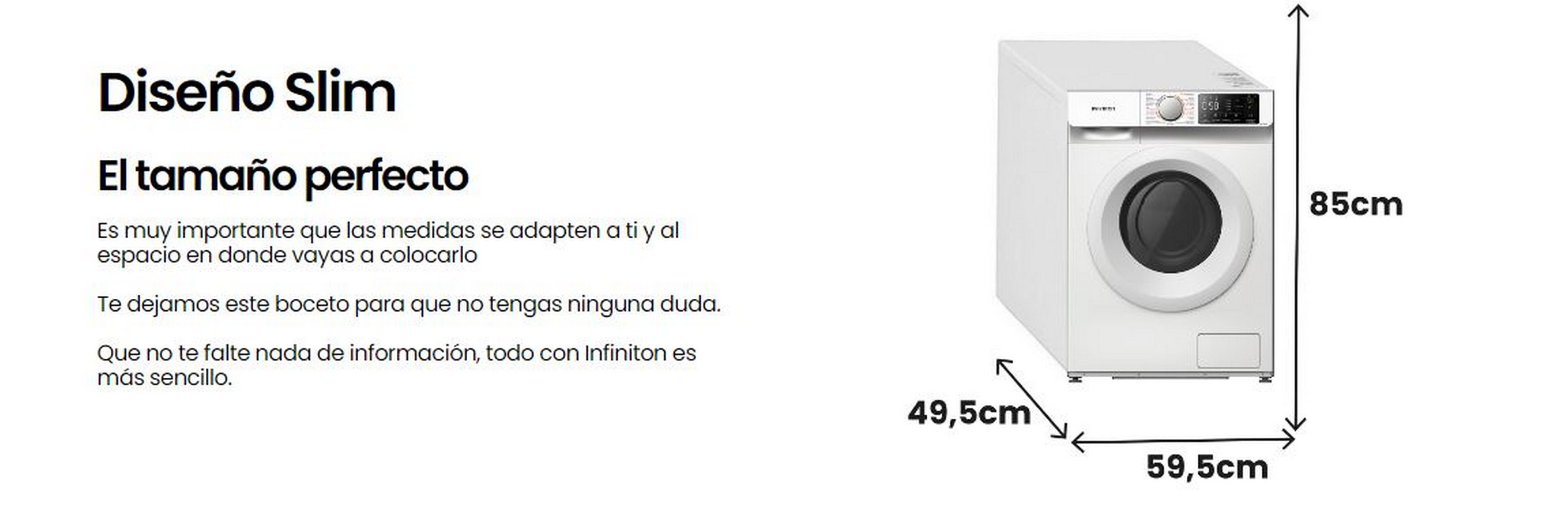 Lavadora blanca con dimensiones y texto en español, sobre fondo blanco.