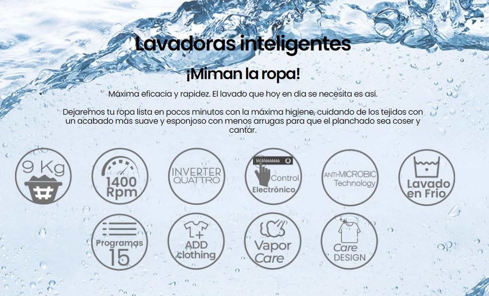 Lavadora inteligente con iconos de funciones y texto: ¡Miman la ropa!.