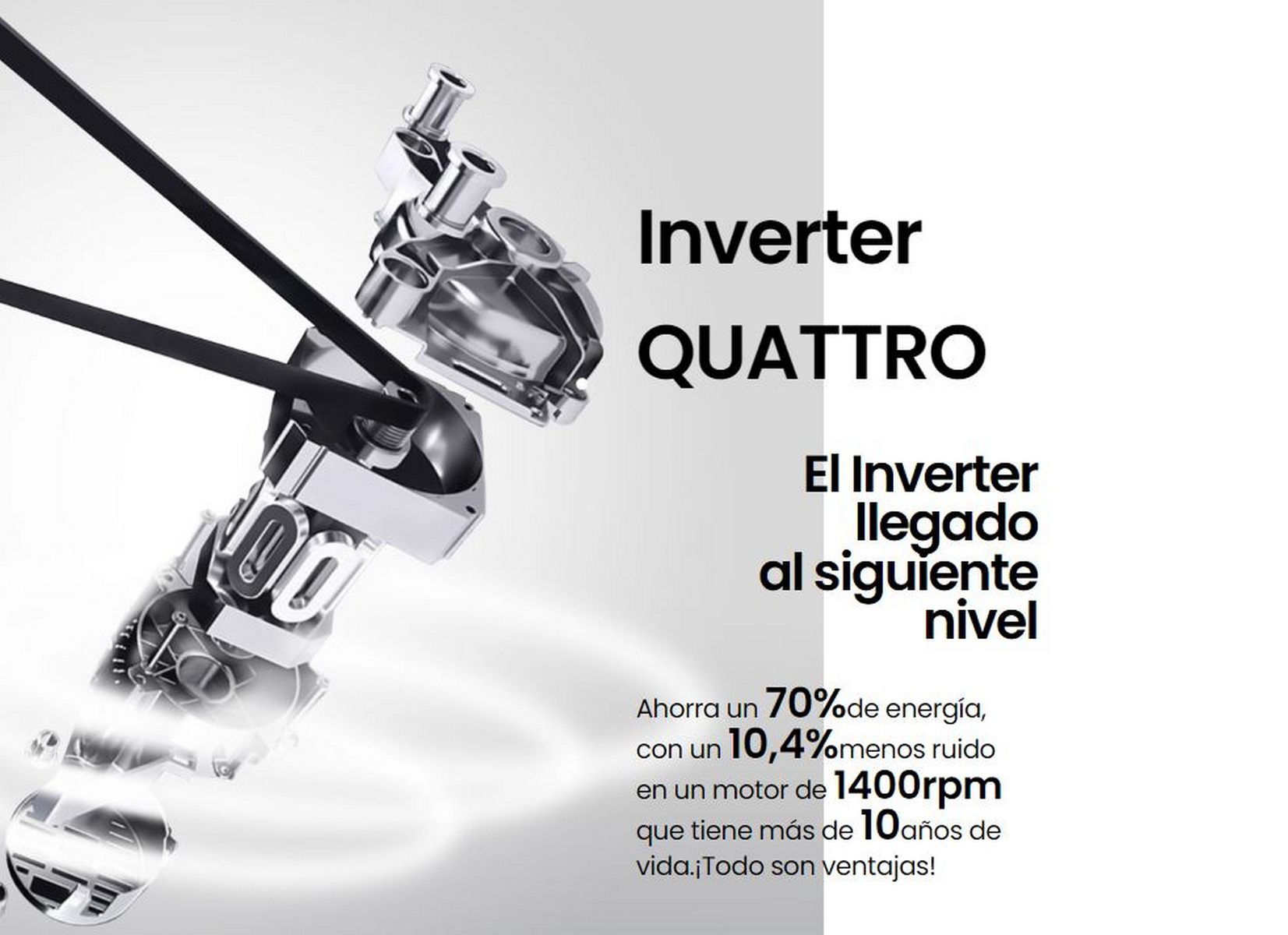 Primer plano de componentes del motor de un coche. Destaca la tecnología 'Inverter Quattro'.