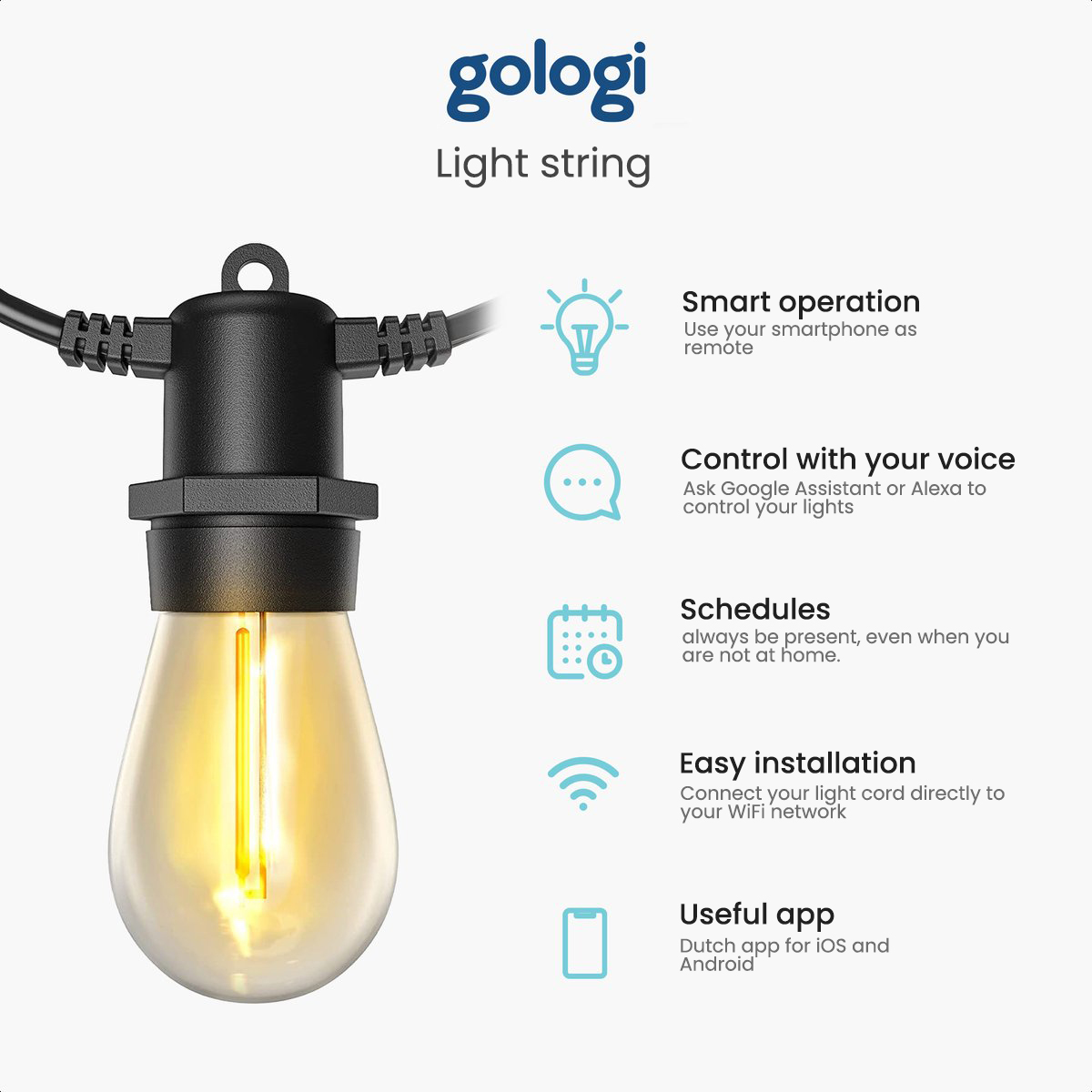 A light string with a single bulb lit. Various icons and text describe features such as smart control.
