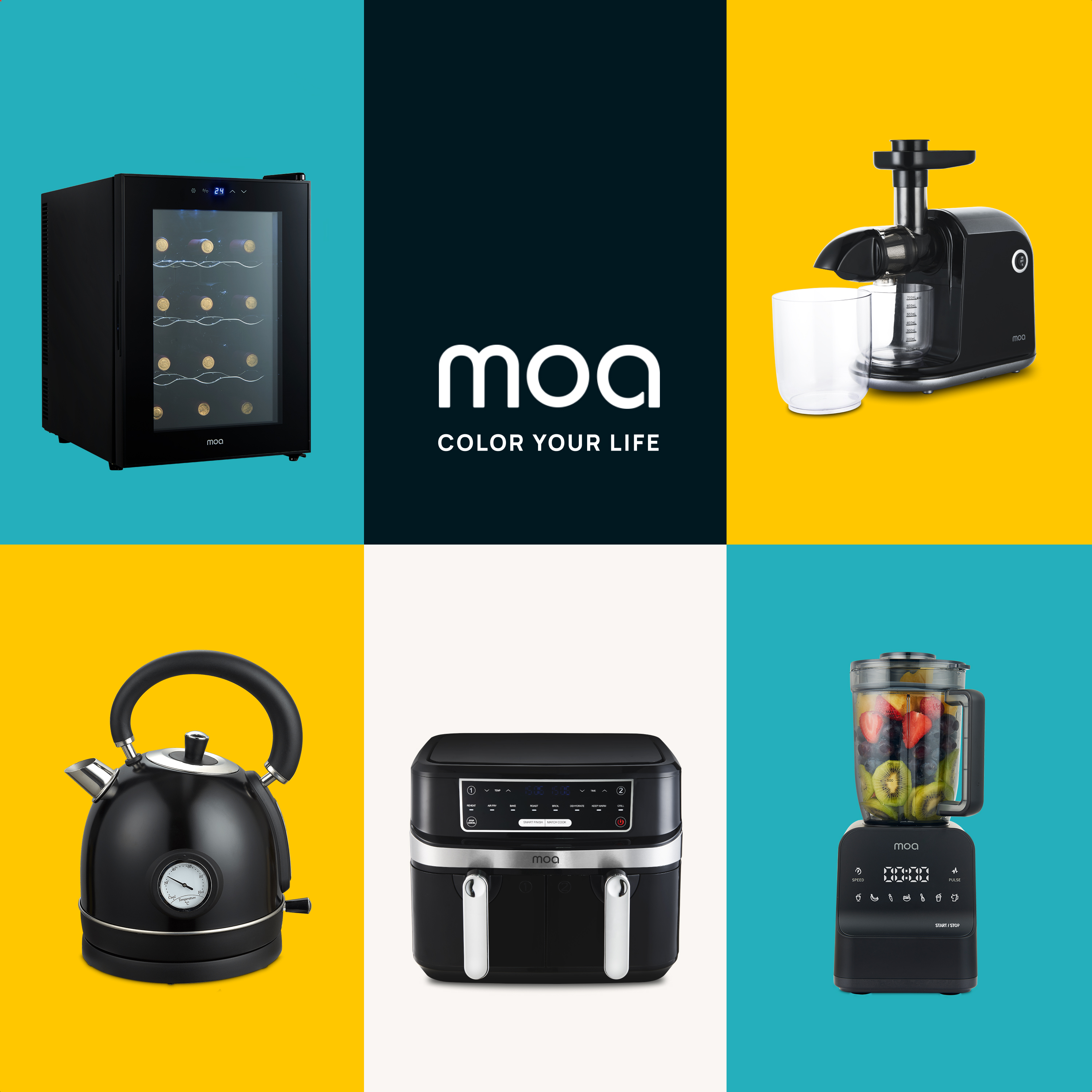 Image of kitchen appliances. Includes wine cooler, juicer, kettle, air fryer, and blender. Colorful background.