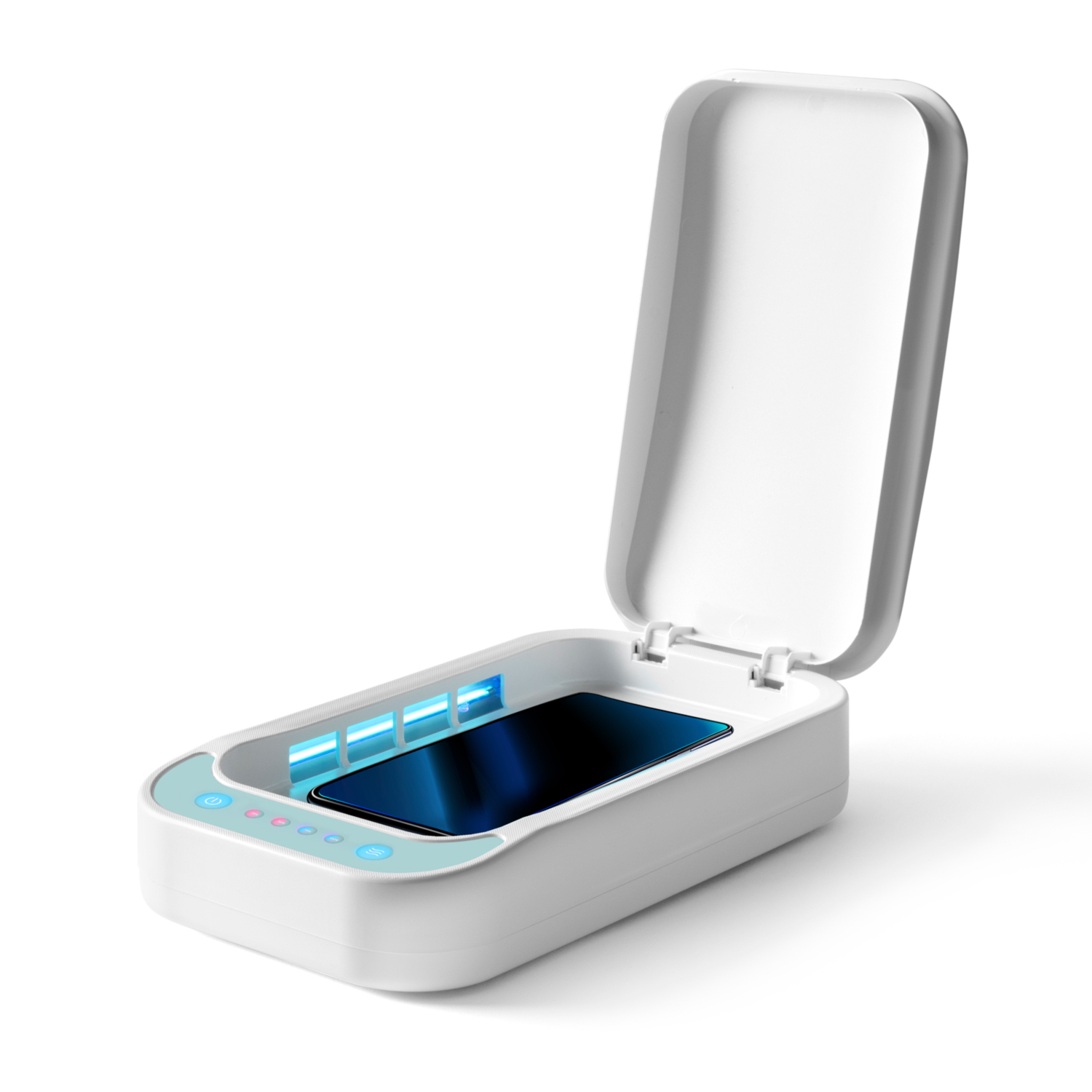 Dispositivo blanco, abierto, revelando un teléfono dentro, con luces UV azules.