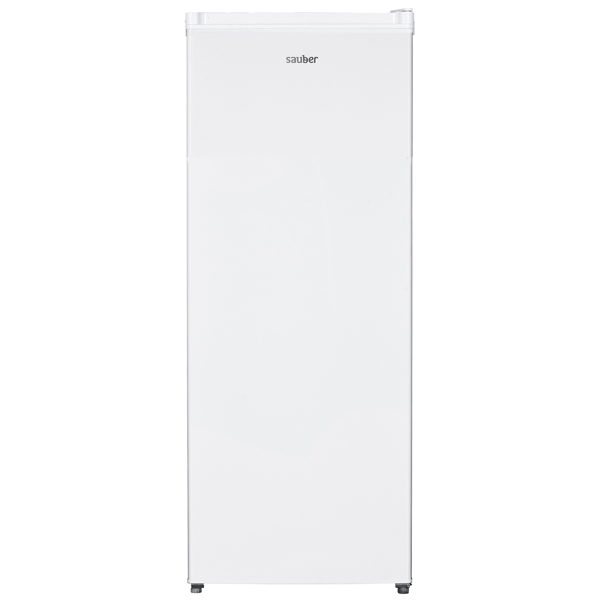 Refrigerador blanco con la marca 'sauber' arriba, sobre fondo blanco.