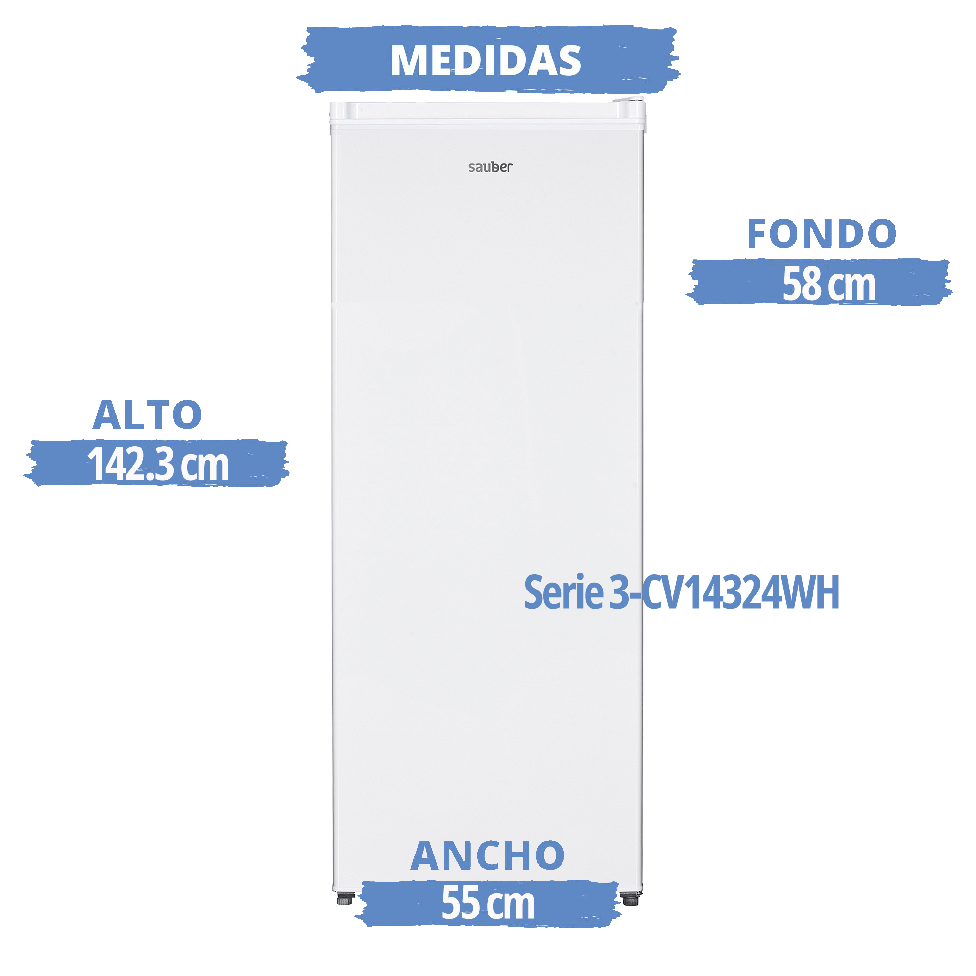 Refrigerador blanco con dimensiones y texto en español, sobre fondo blanco.