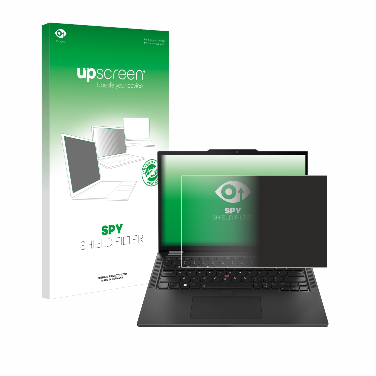 Laptop mit Displayschutz, einem Sichtschutzfilter und einer Box mit Sichtschutzfilter-Infos, weißer Hintergrund.
