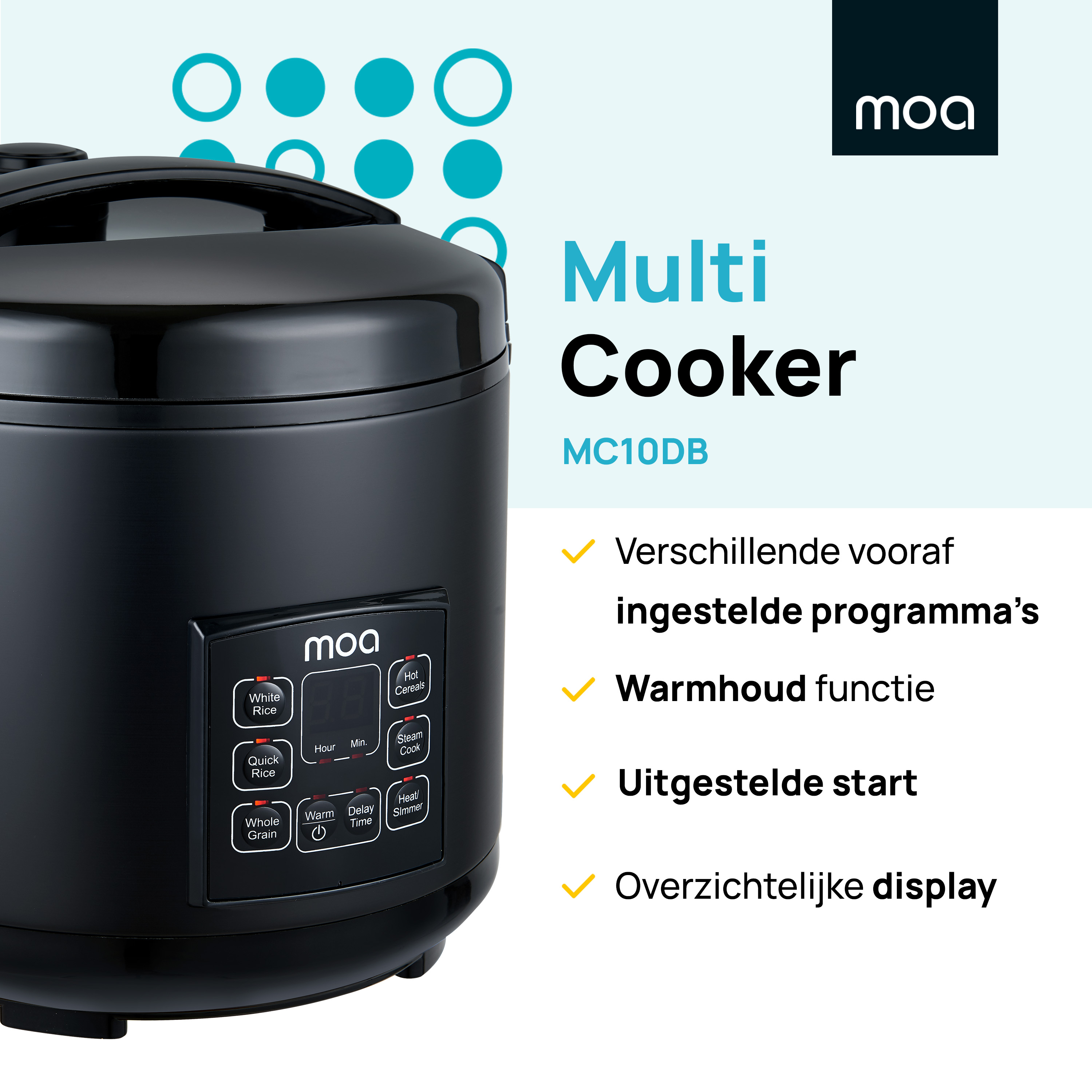 A black multi-cooker with buttons and a display, with descriptions.