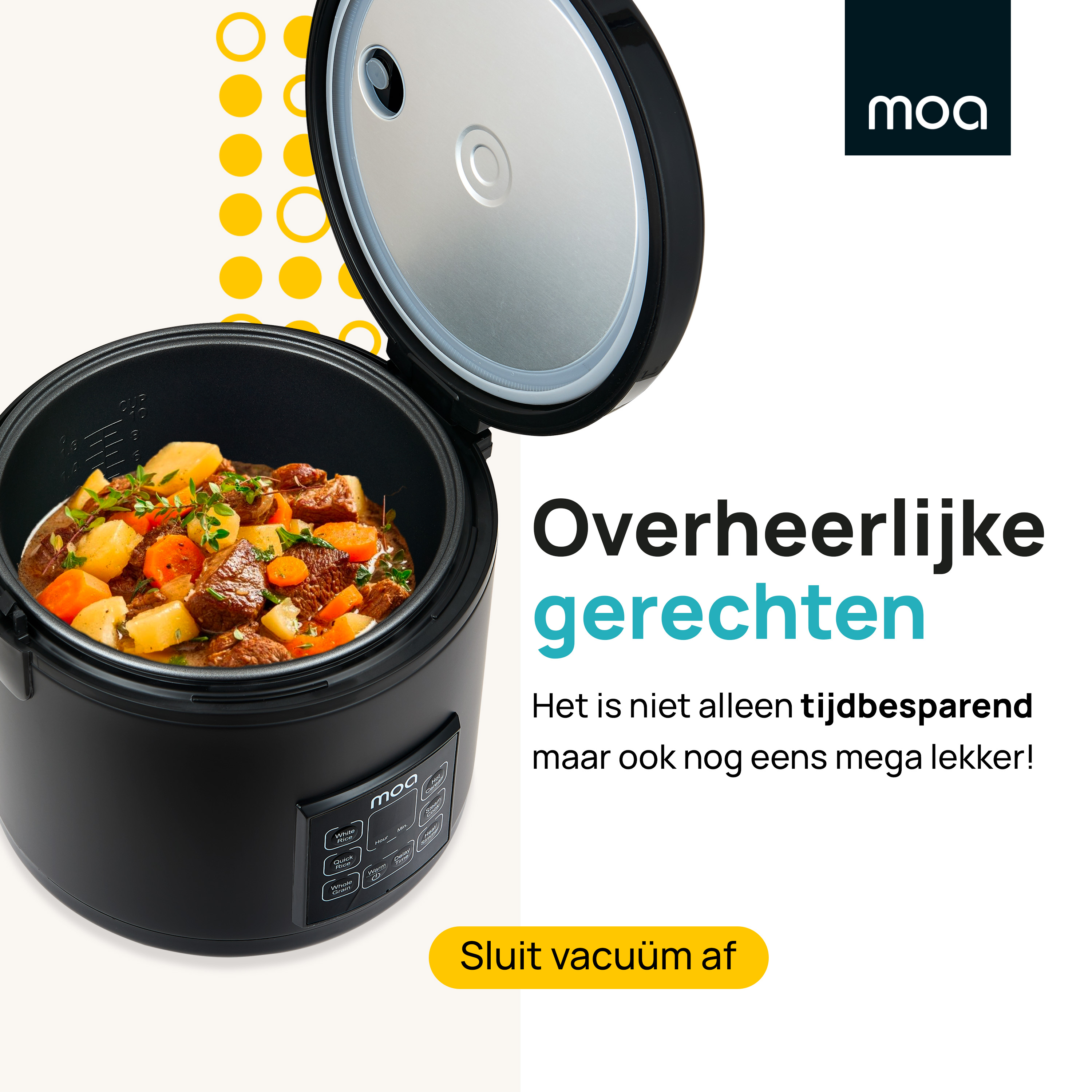 Black rice cooker with stewed food inside, text in Dutch. Text and cooker on a white background.