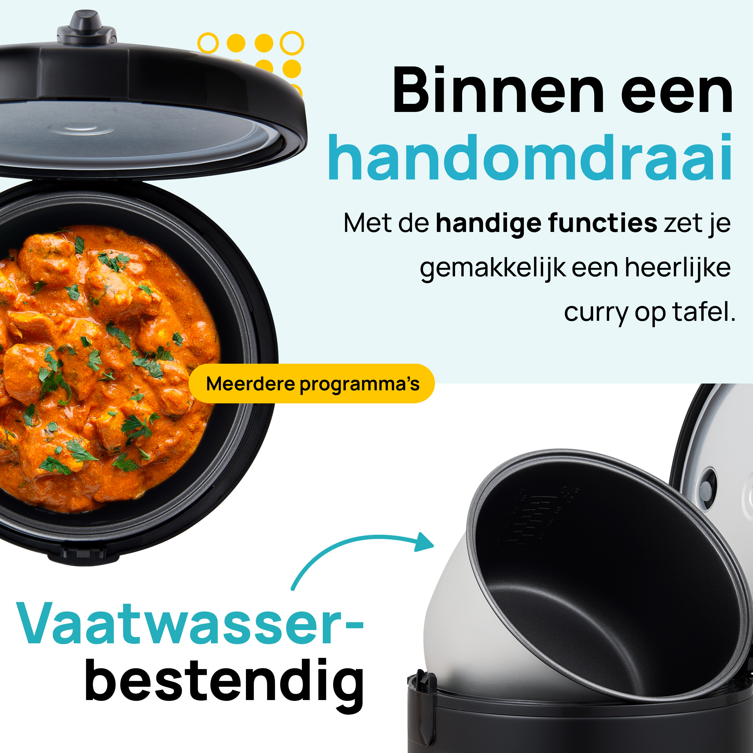 Open rice cooker with curry inside. White background.