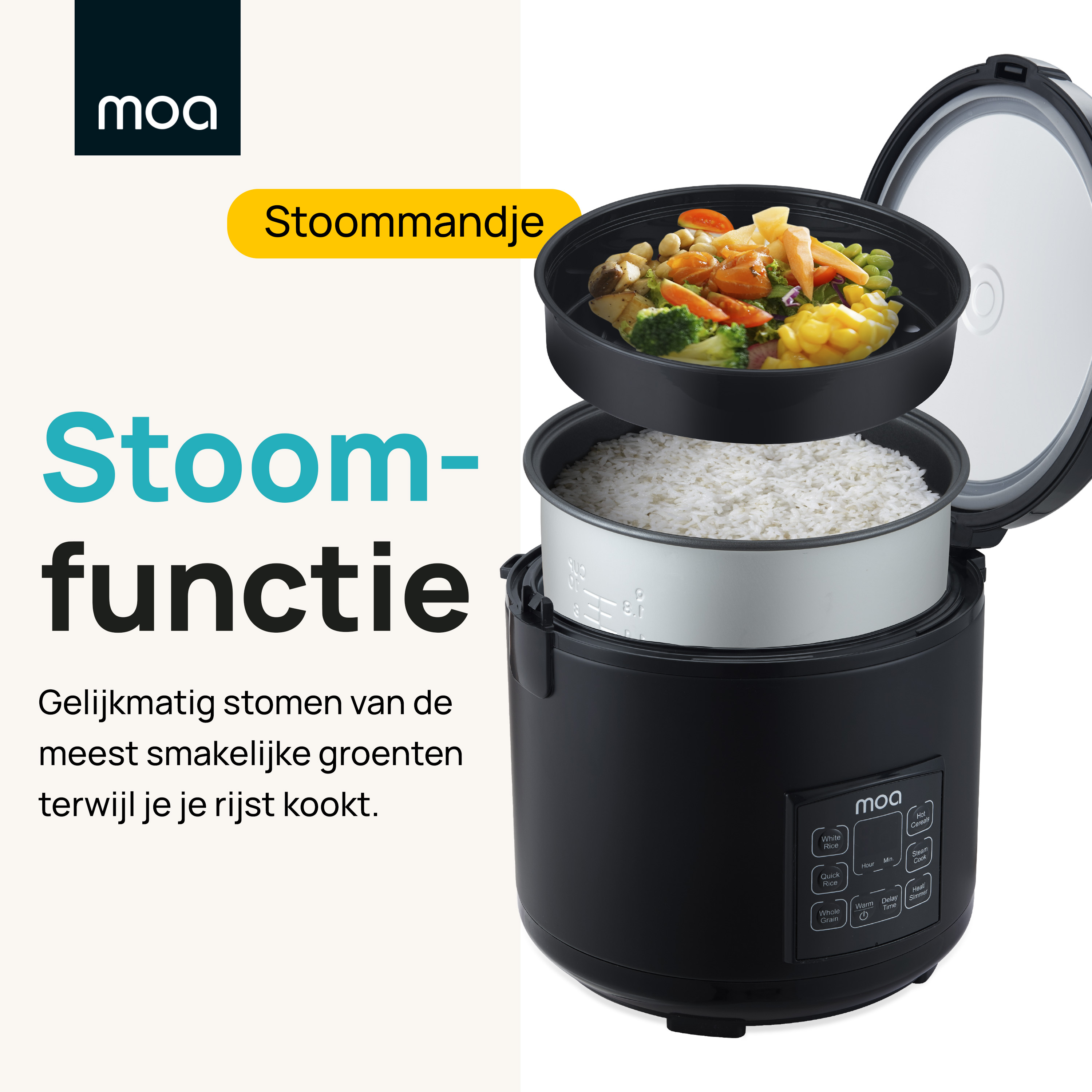 A rice cooker with steam function. It has an open lid showing the inside.