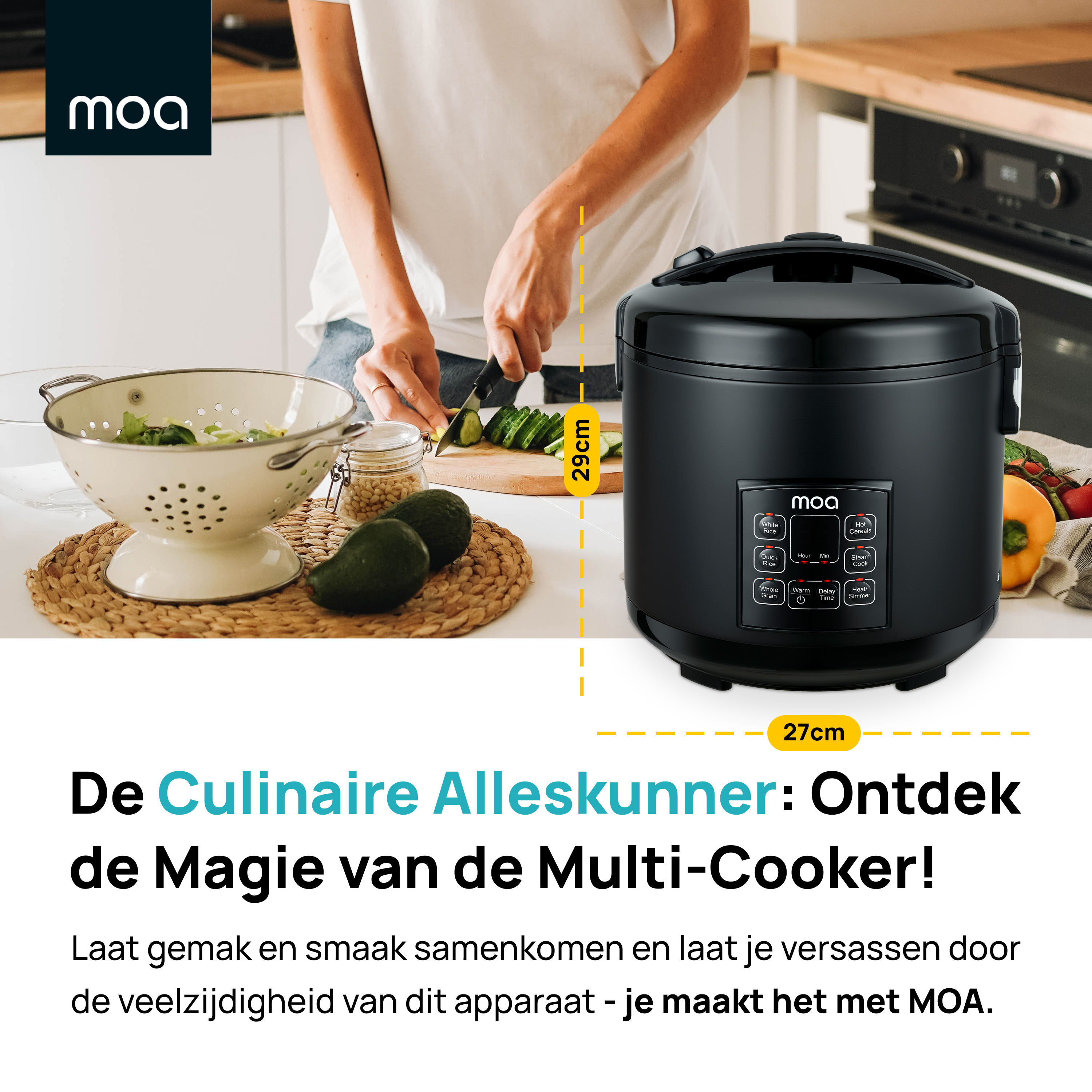 A black multi-cooker with dimensions labeled. A person cuts vegetables in the background.