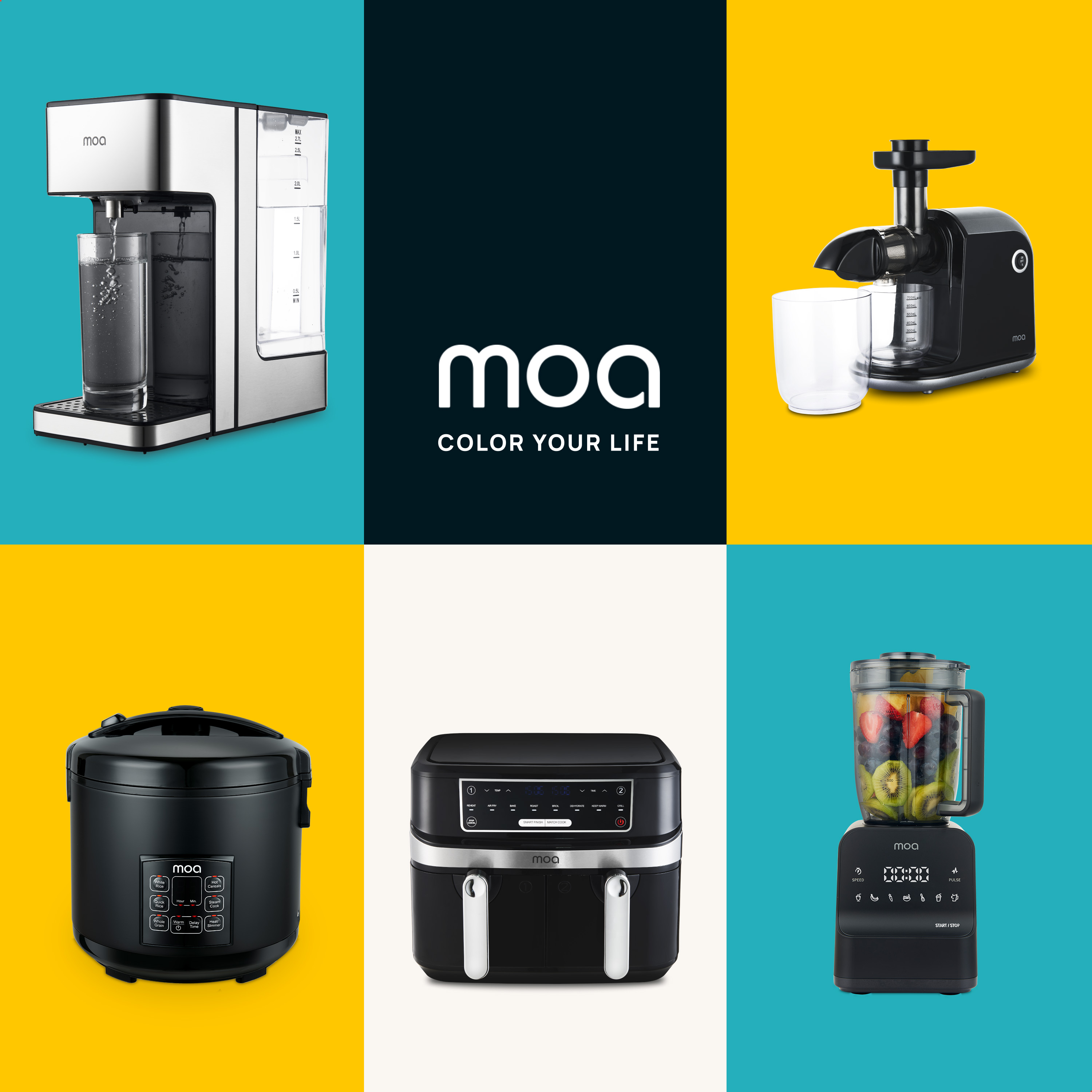 Collage of moa products: water purifier, juicer, rice cooker, air fryer, and blender. Colorful background.