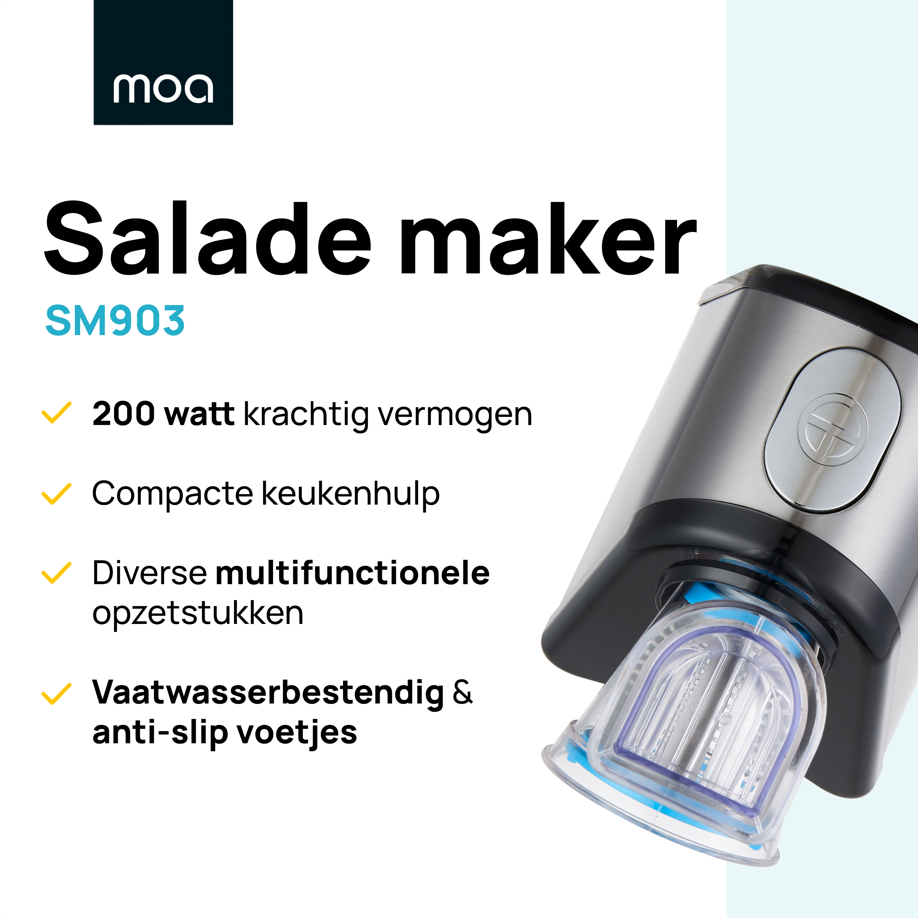 Salad maker product. Text overlay with features. Close up of the product. White background.