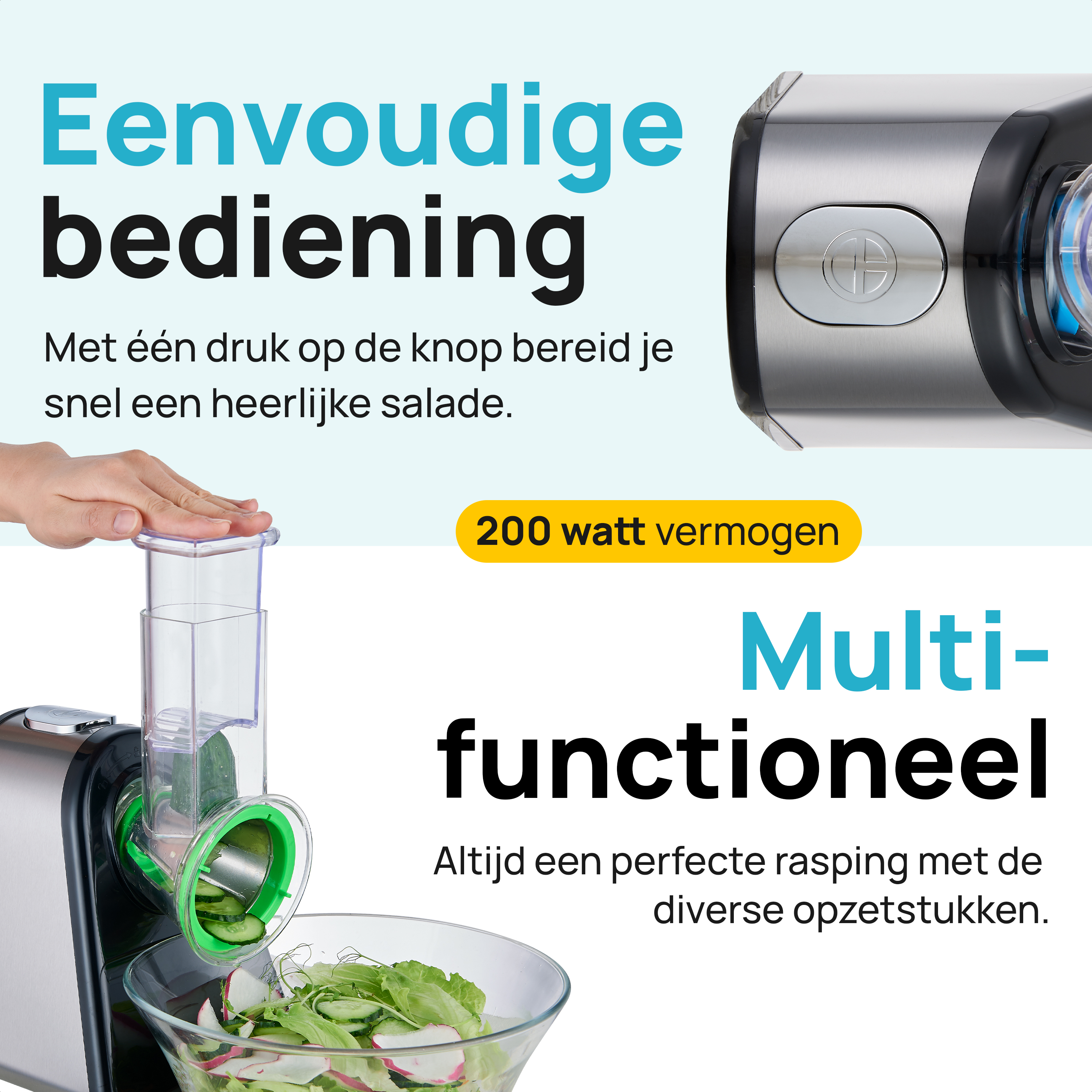 A food processor is in use. There is text and the product is in action.