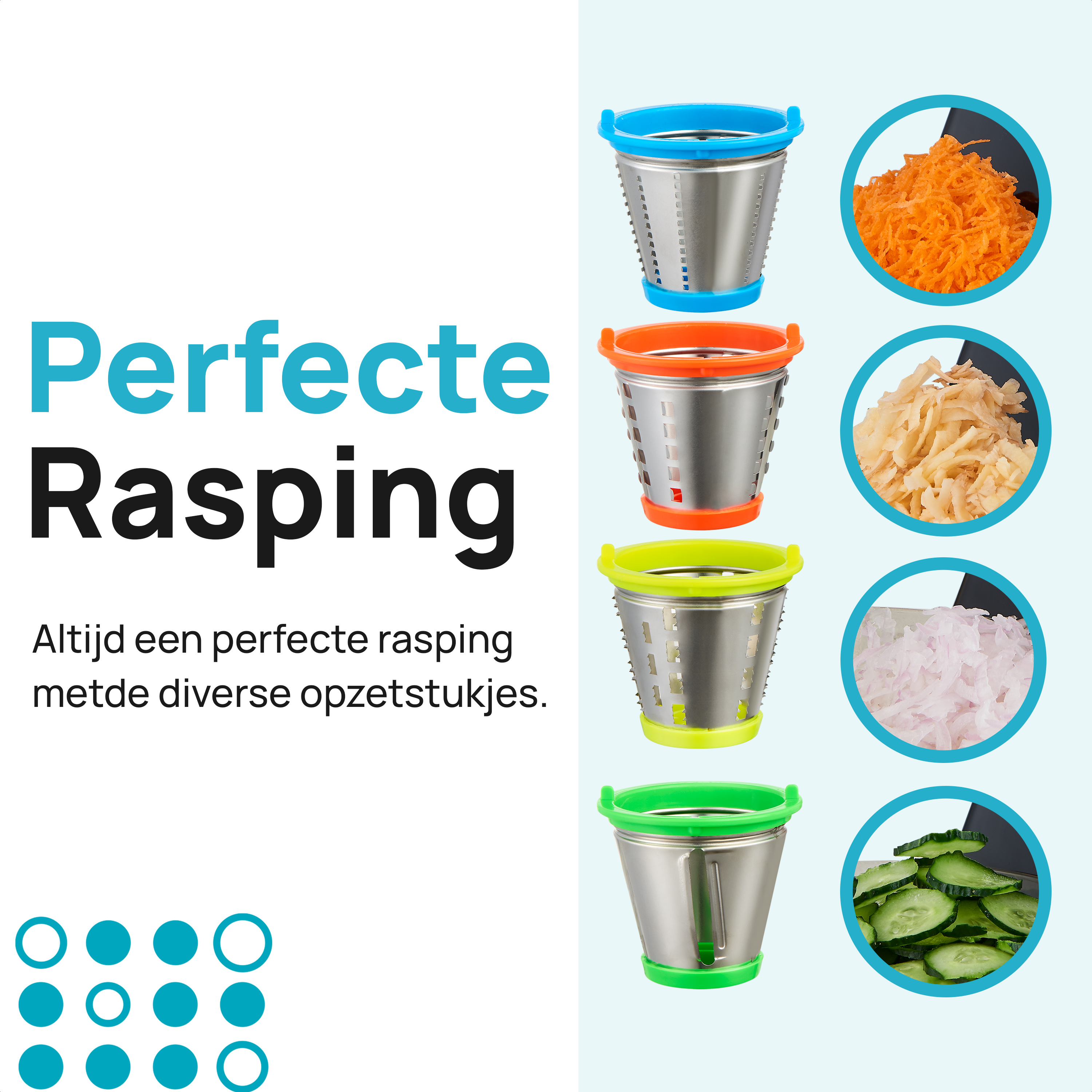 Vegetable slicers with different colored rims, showing slices and text.
