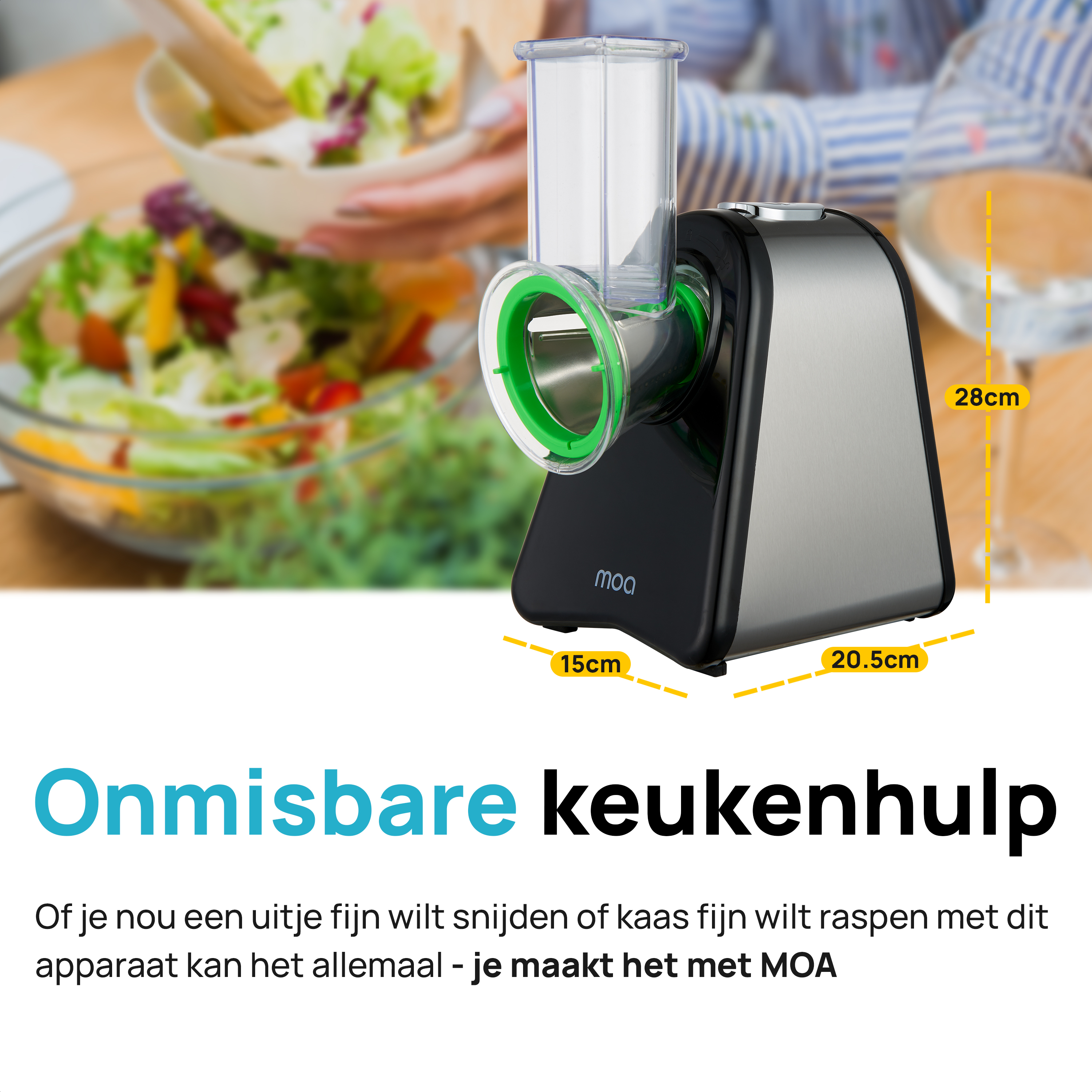 A silver and black food slicer is being used. A salad is in the background.