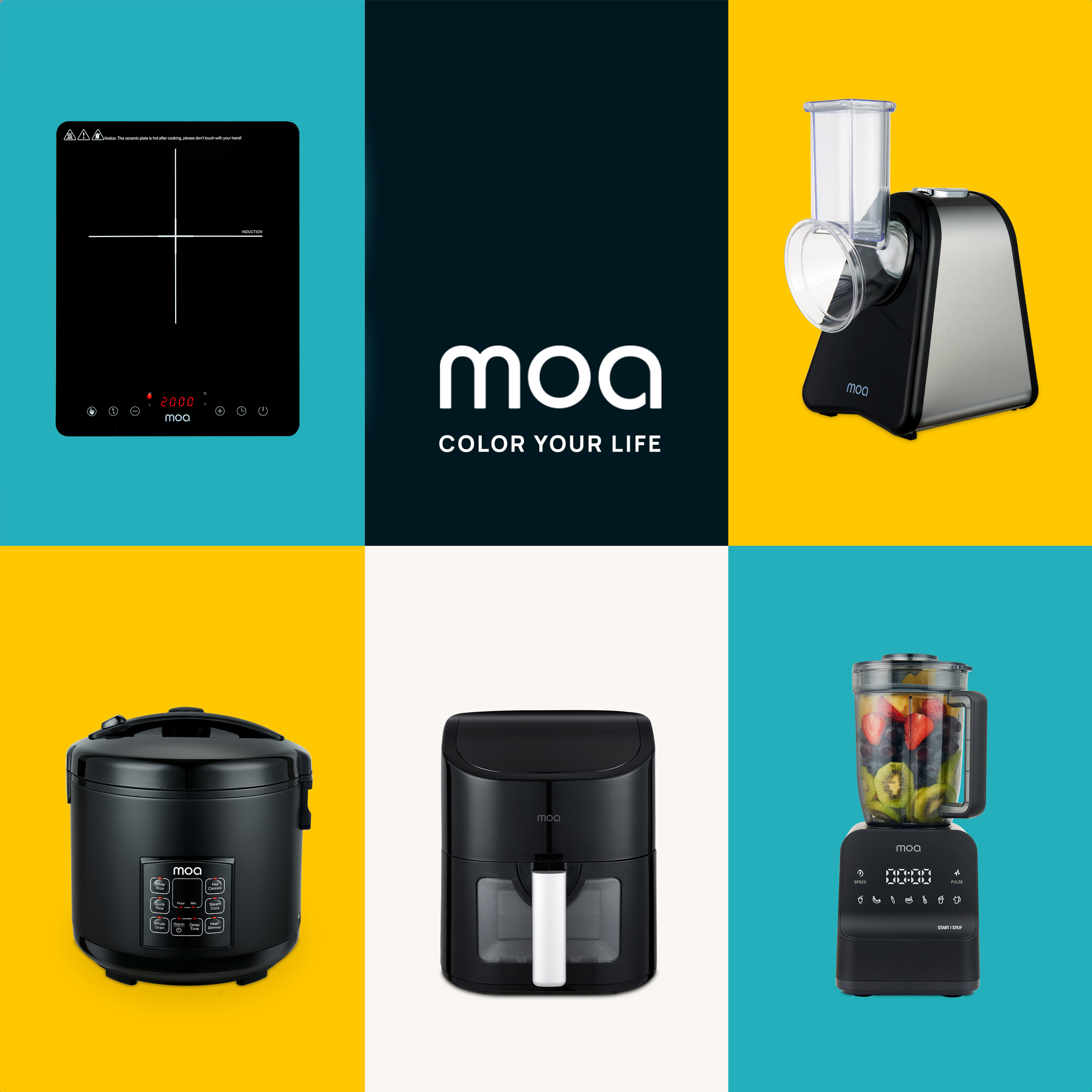 A collage of kitchen appliances: induction cooktop, slicer, rice cooker, air fryer, and blender.