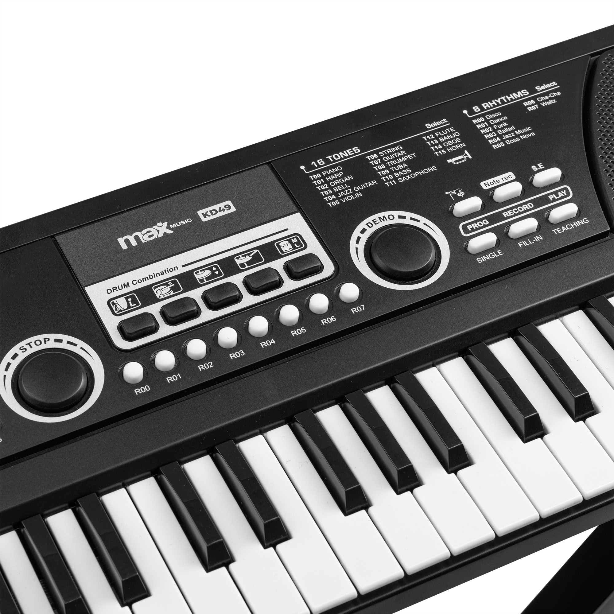 Un teclado de piano negro con teclas blancas y negras y una pantalla. Hay botones y texto encima de las teclas.