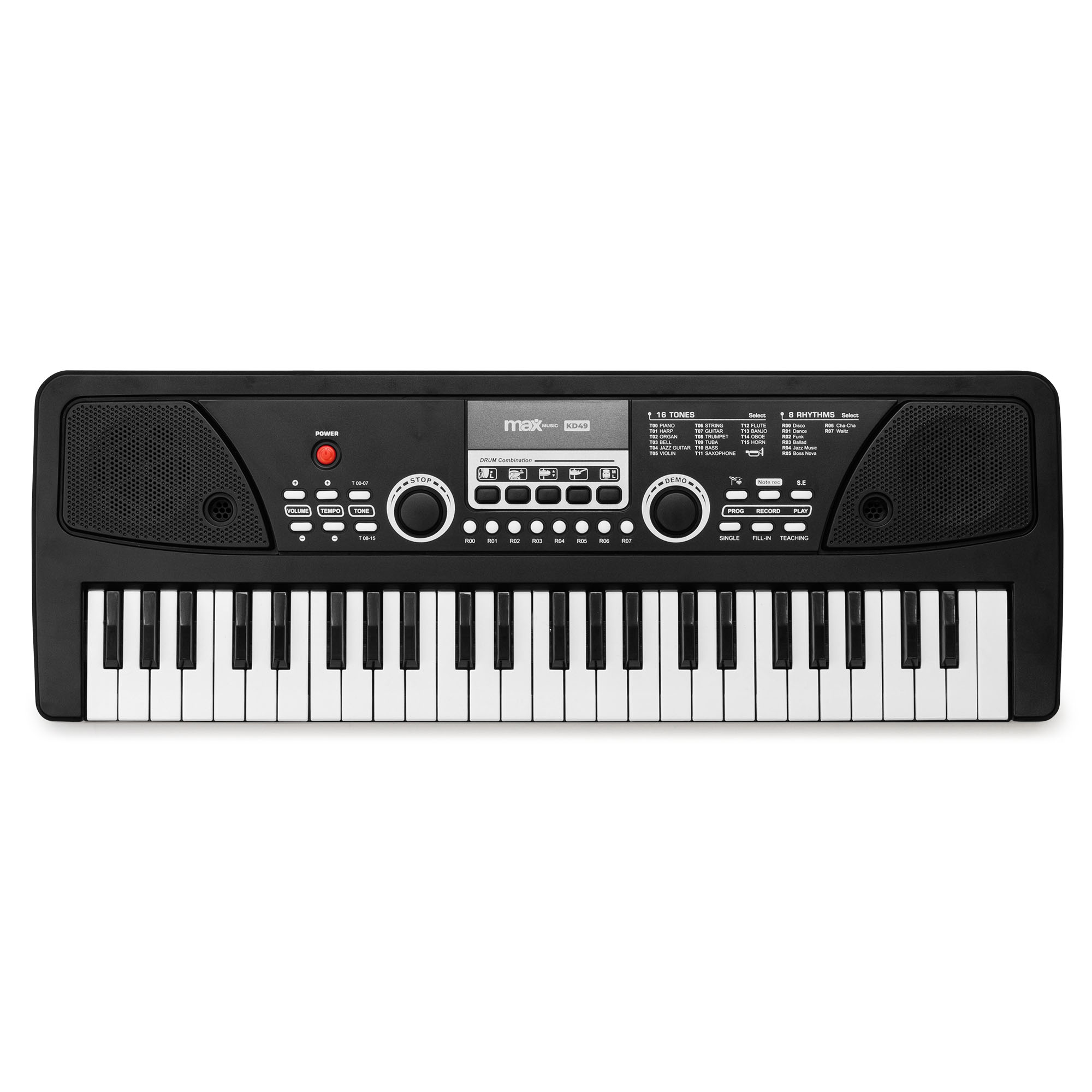 Un teclado electrónico negro con teclas blancas. El panel incluye altavoces, controles y una pantalla LCD.
