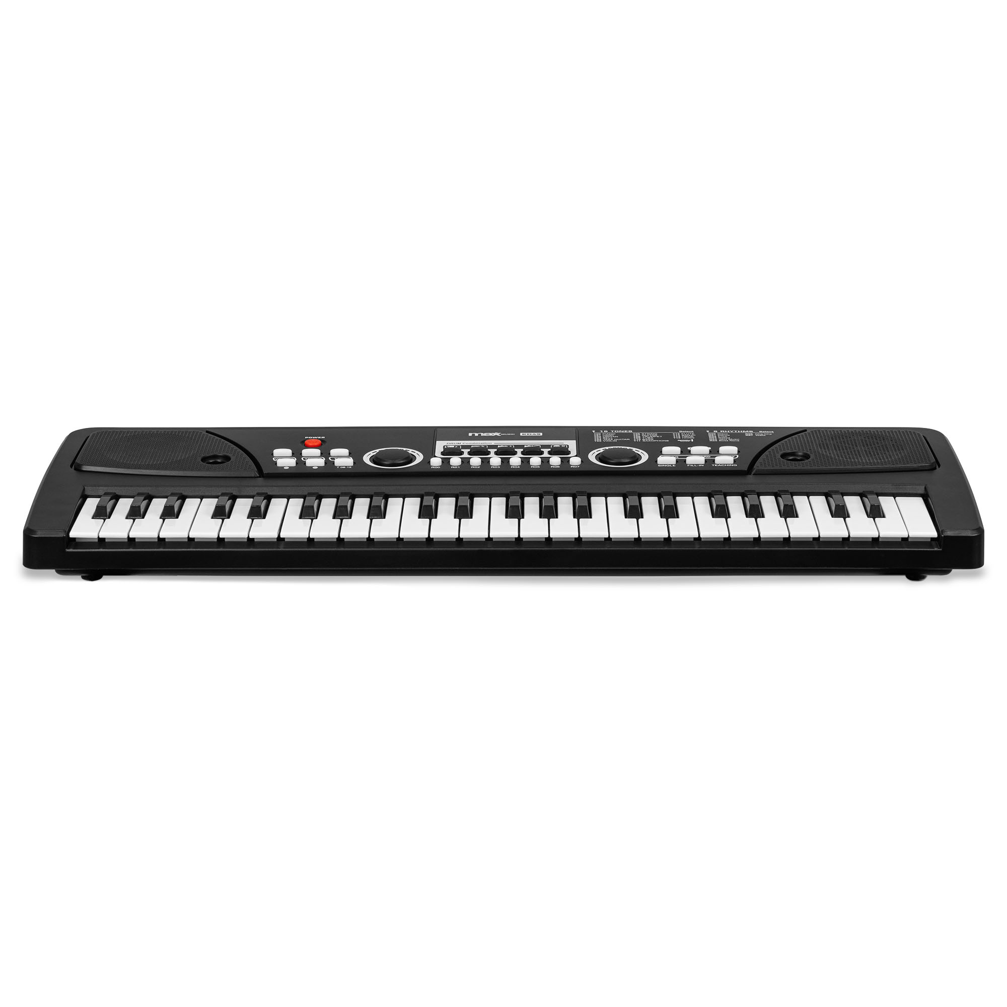Un teclado electrónico negro con teclas blancas y botones de control, aislado sobre un fondo blanco.