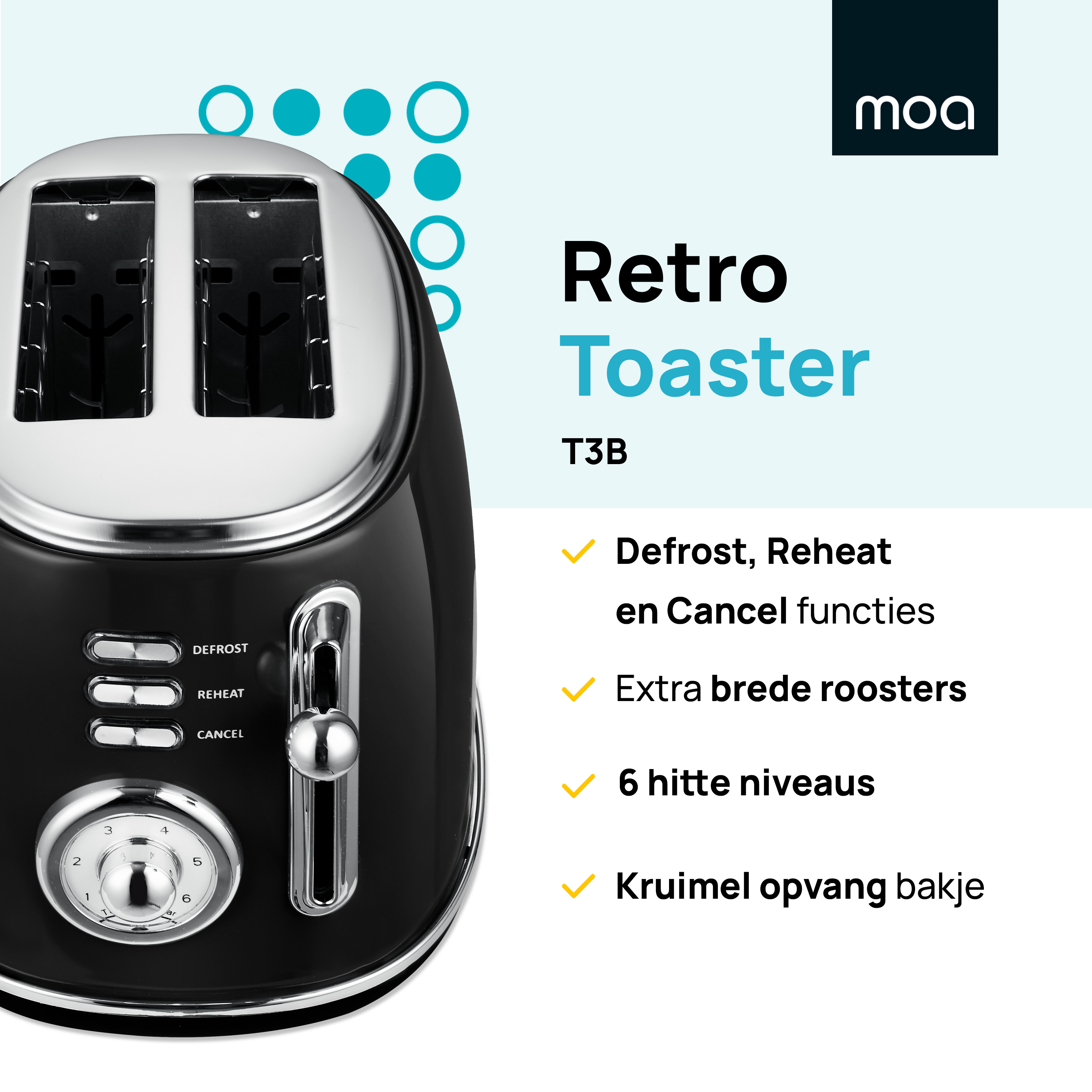 Zwarte retro-broodrooster met knoppen, een timerknop en beschrijvingen.