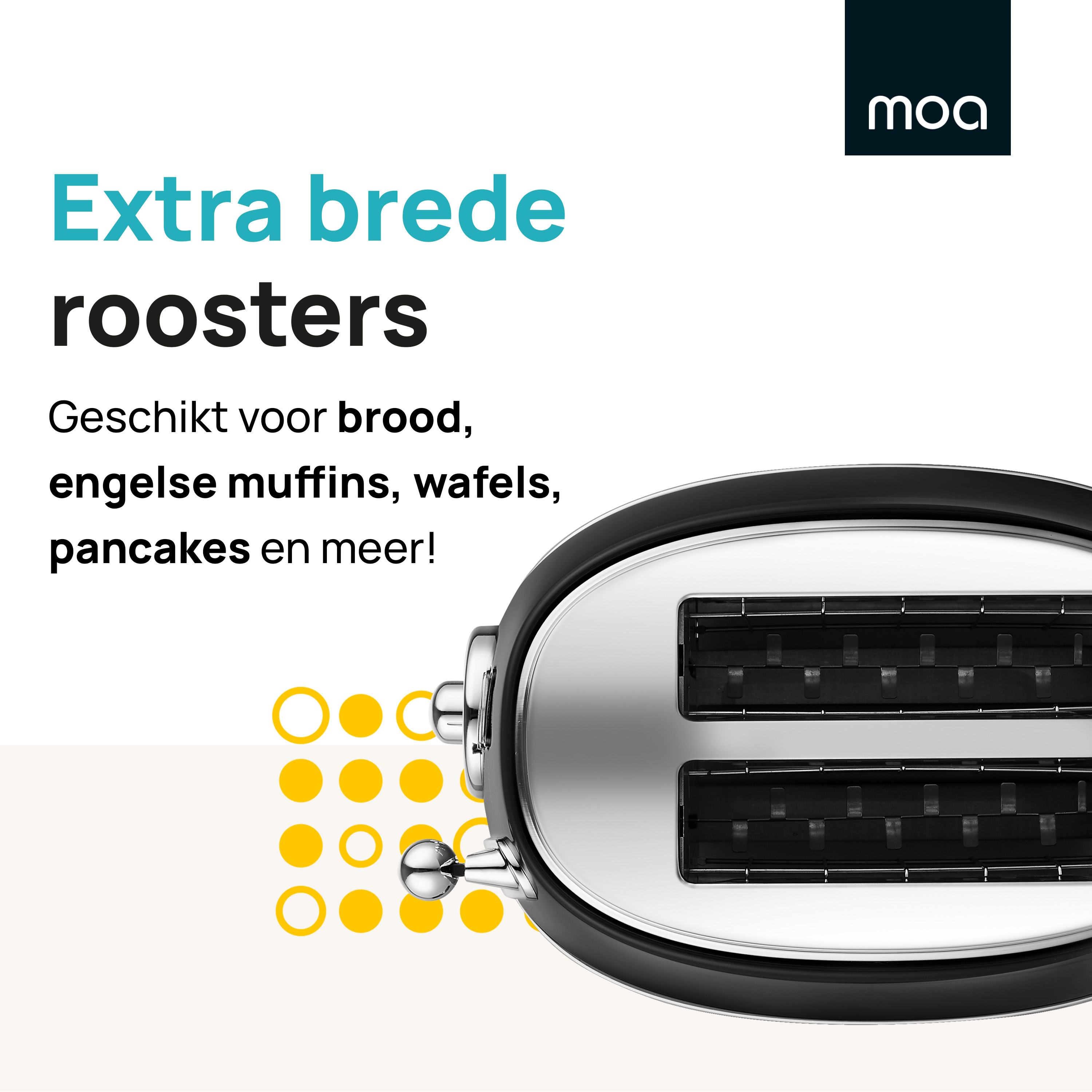 Zwarte broodrooster met tekst over extra brede sleuven.