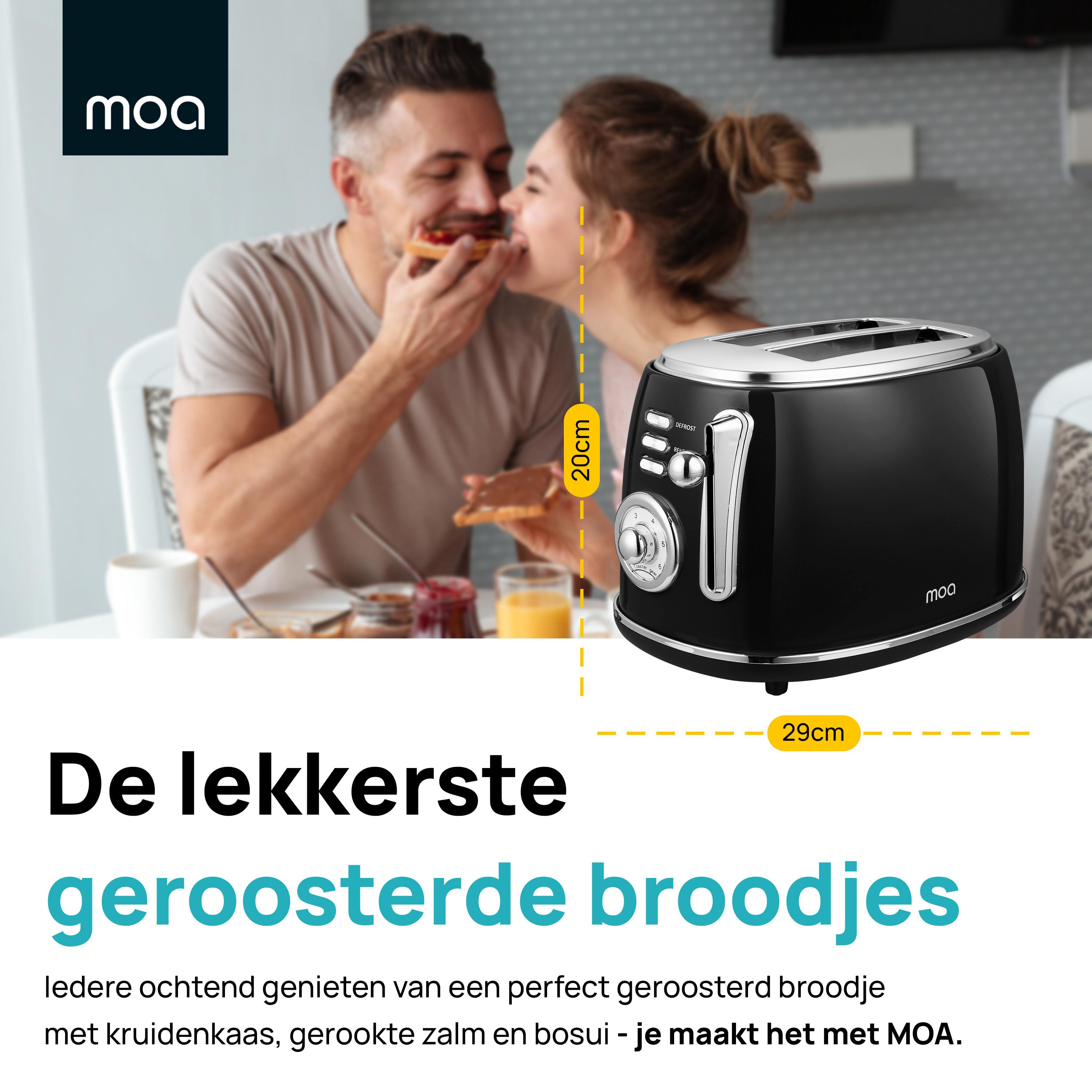 Een broodrooster met een stel dat toast eet, met tekst over het product.