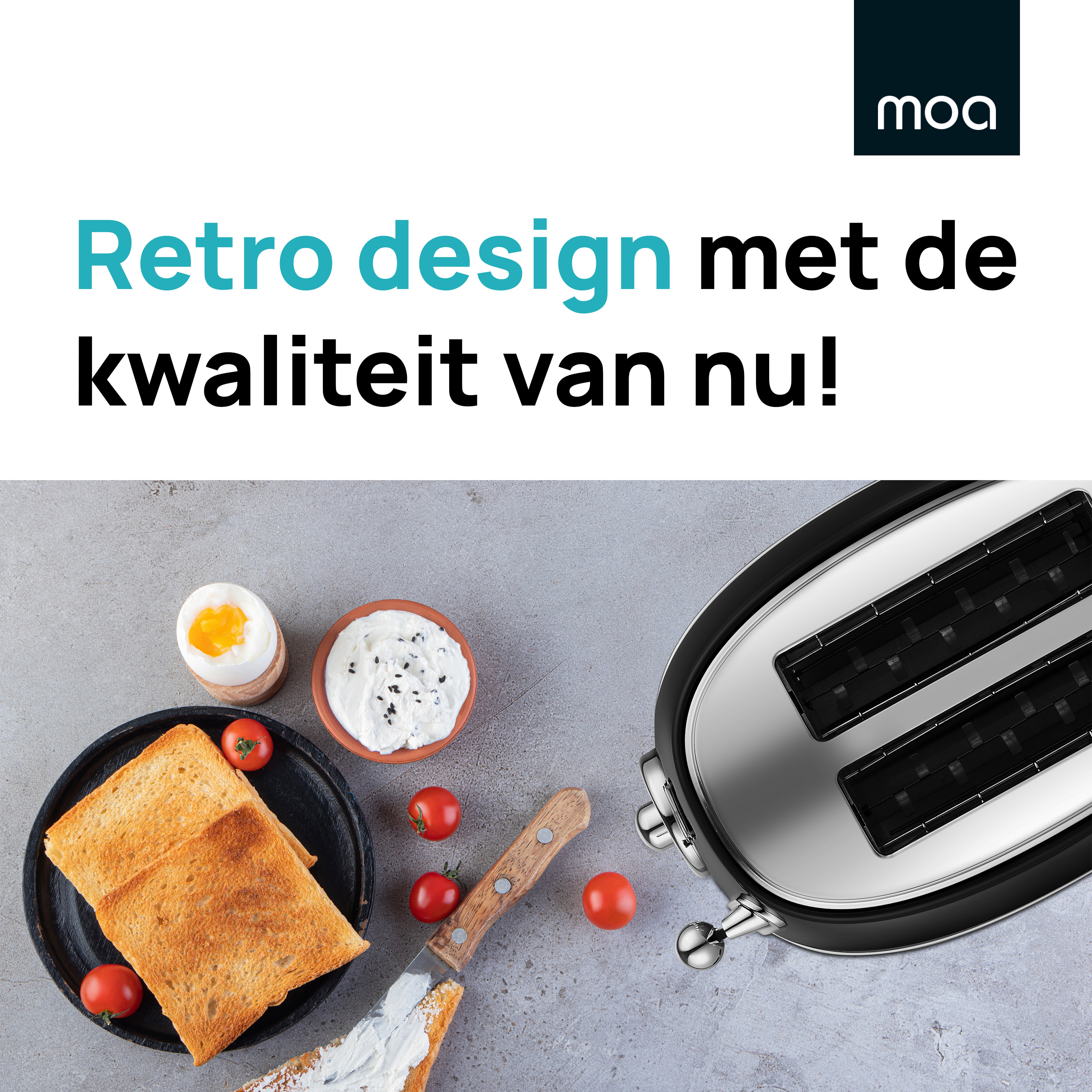 Broodrooster met brood, tomaten en ei op een bord, botermes. Tekst in het Nederlands, op grijze achtergrond.