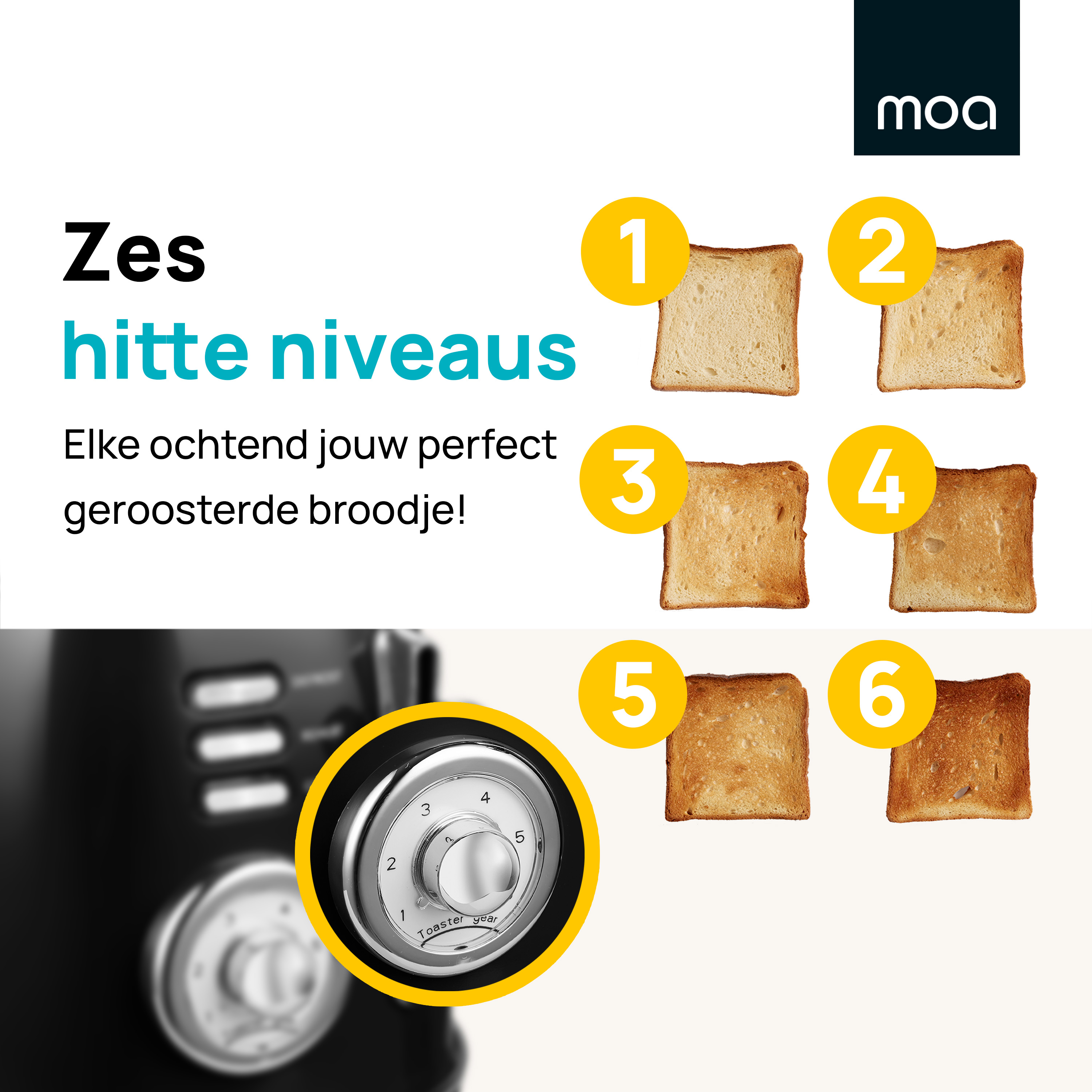 Een broodrooster met zes verschillende roosterniveaus wordt weergegeven.