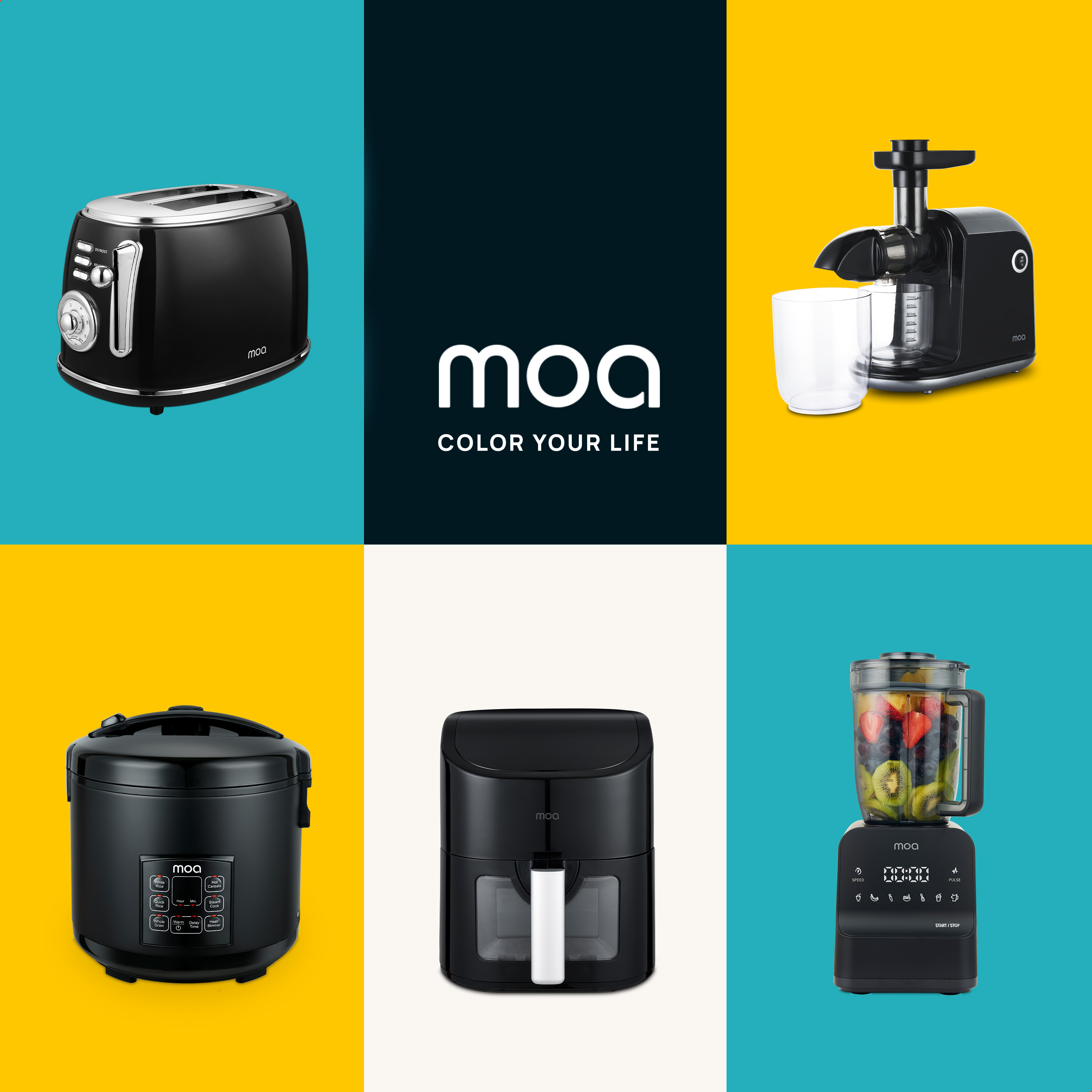 Assortiment zwarte keukenapparaten. Broodrooster, sapcentrifuge, rijstkoker, airfryer en blender.