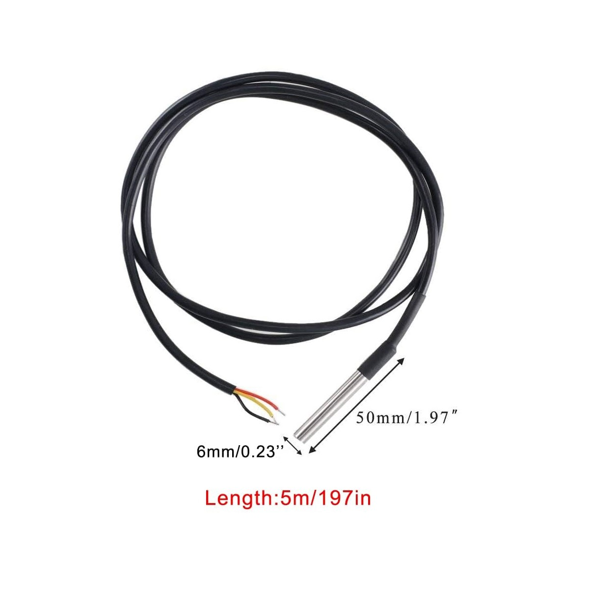 Schwarzer Sensor mit herausragenden Drähten. Der Sensor und die Drähte sind mit Maßen versehen.