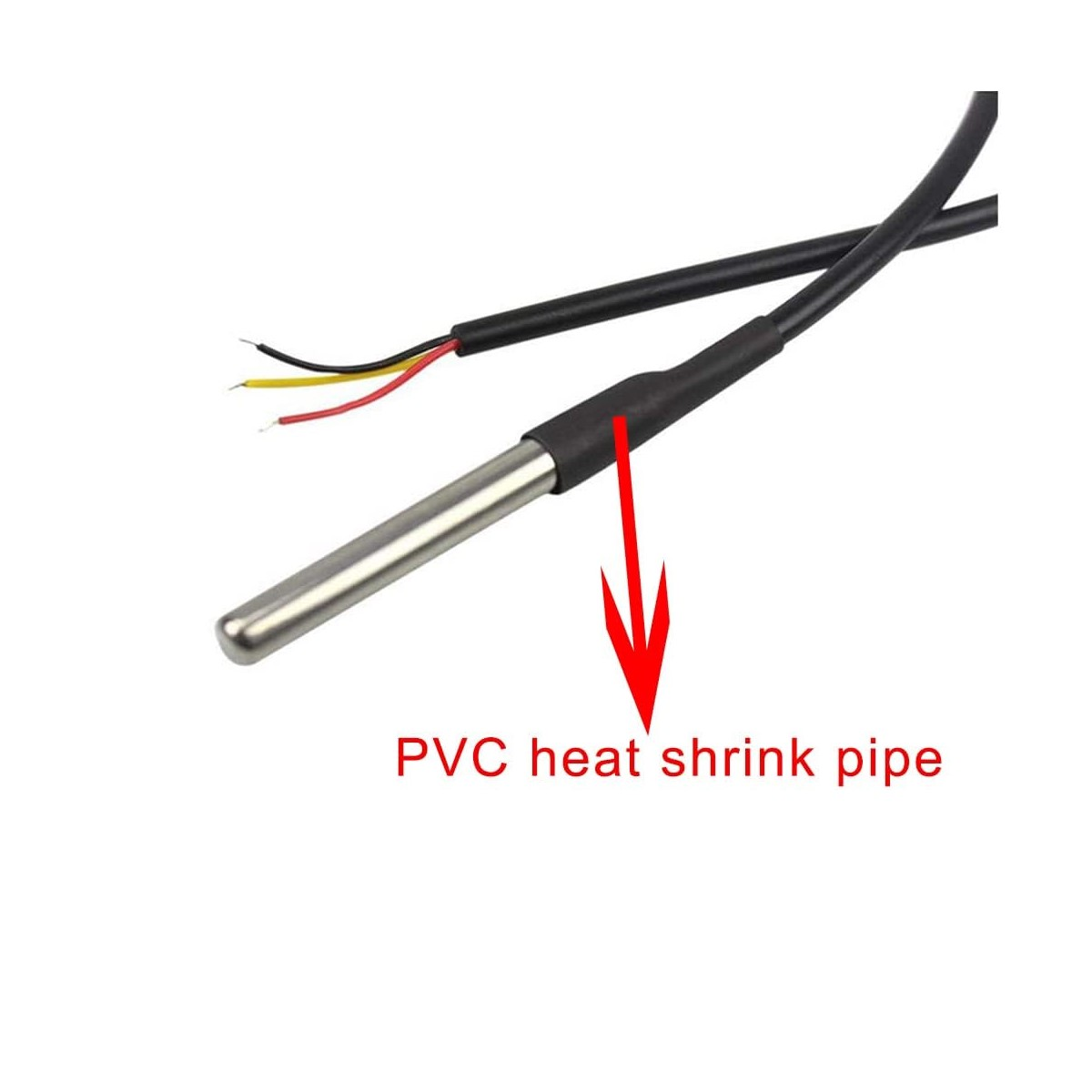 Metallsensor mit Drähten, Pfeil zeigt auf PVC-Schrumpfschlauch.