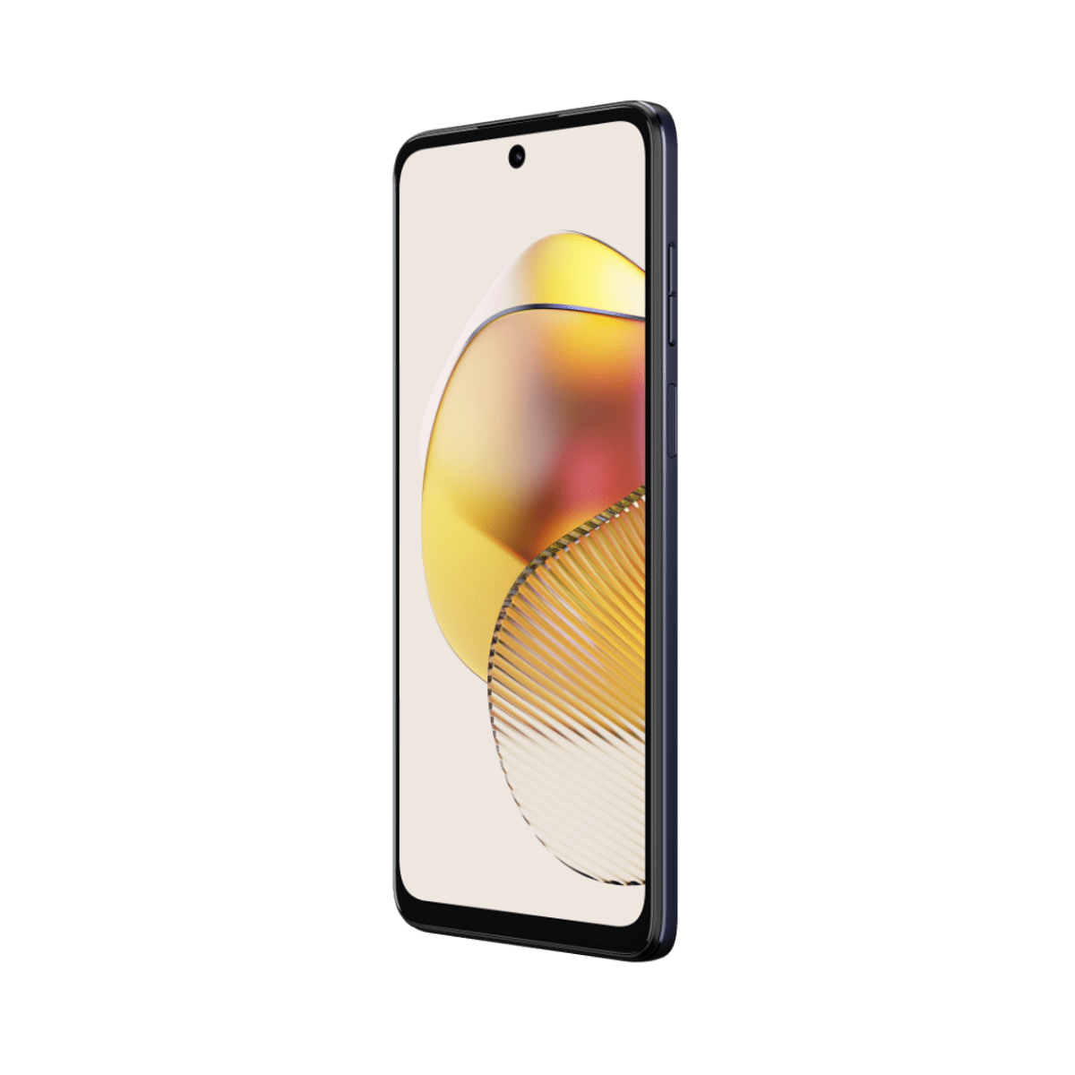 Un smartphone con marco negro y pantalla con imagen abstracta y colorida.